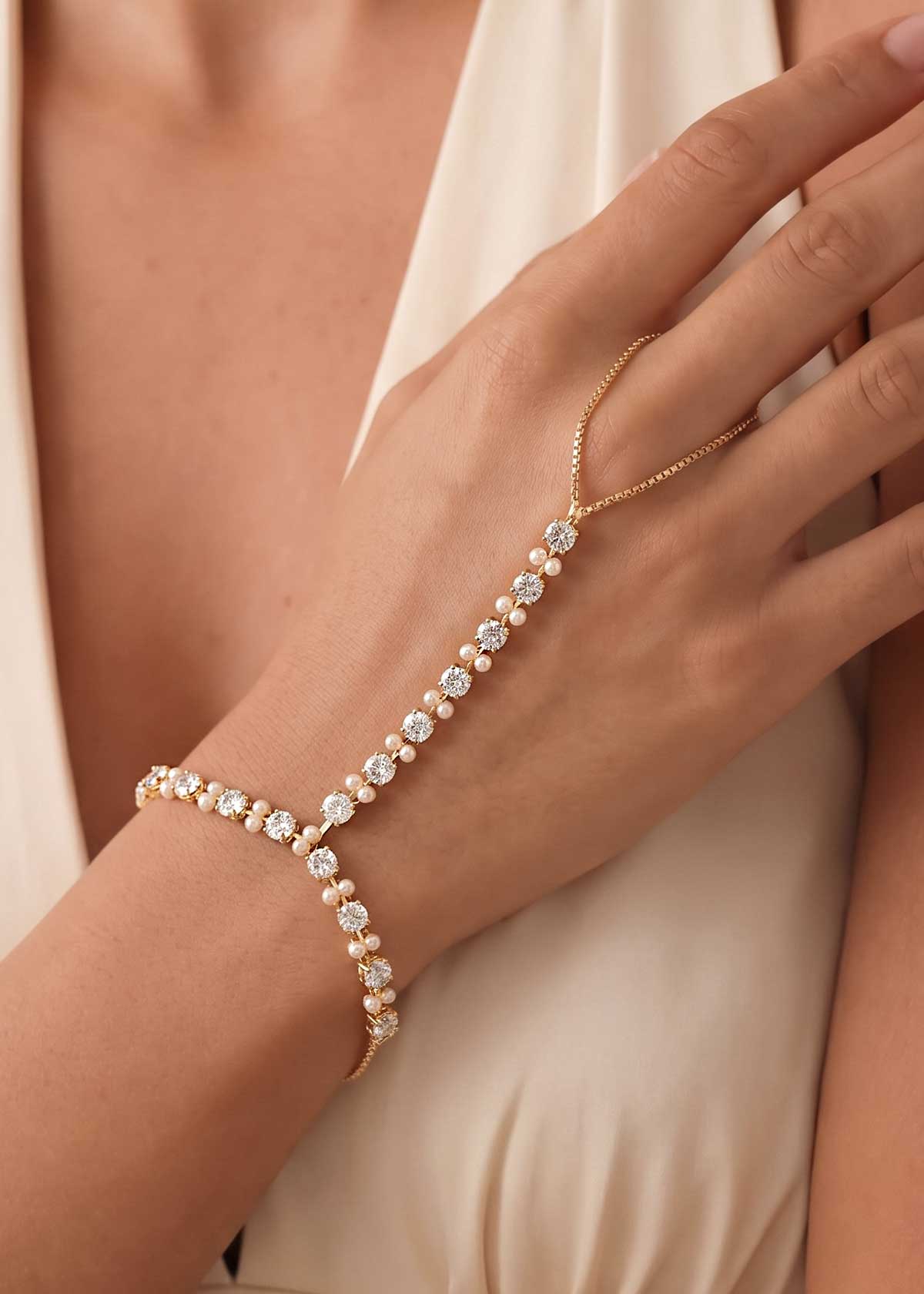 Modern Minimalist Cubic Zircon And Pearl Fully Adjustable Slider Hathpan / Hathphool (Single)