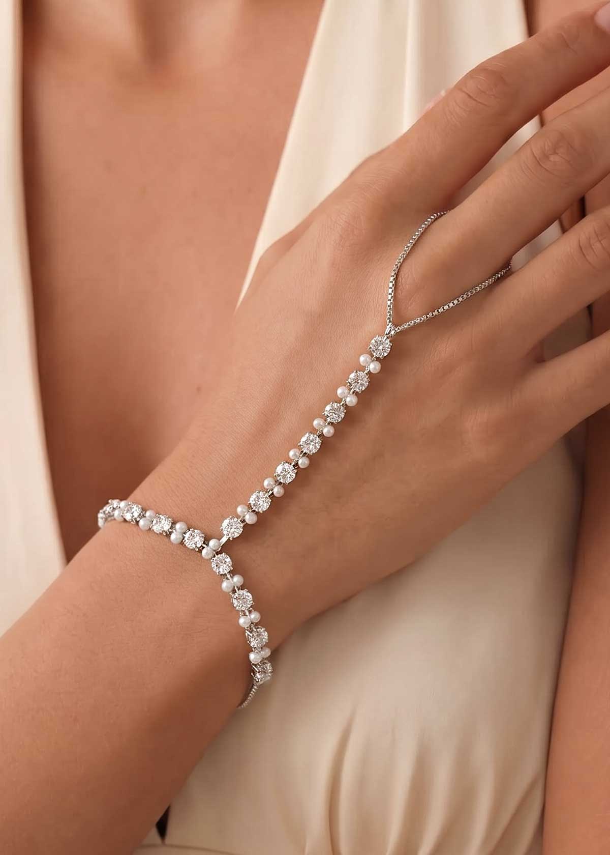 Modern Minimalist Cubic Zircon And Pearl Fully Adjustable Slider Hathpan / Hathphool (Single)