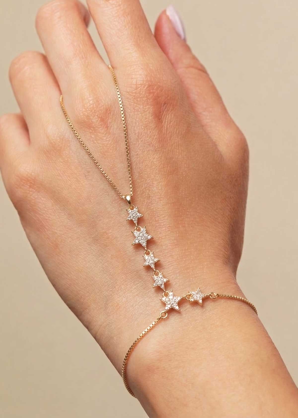 Shimmering Pavé Cubic Zircon Multi-Star Draped Fully Adjustable Slider Hathpan / Hathphool (Single)