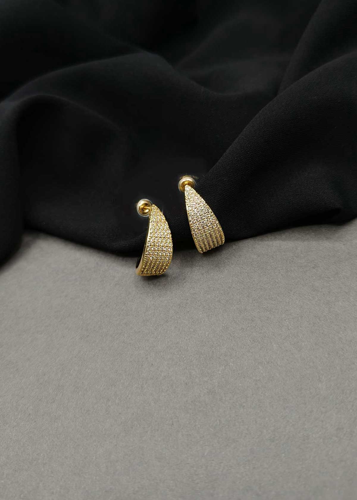 Gorgeous diamond-look cubic zircon tapered crescent Bali earrings for women with gold polish
