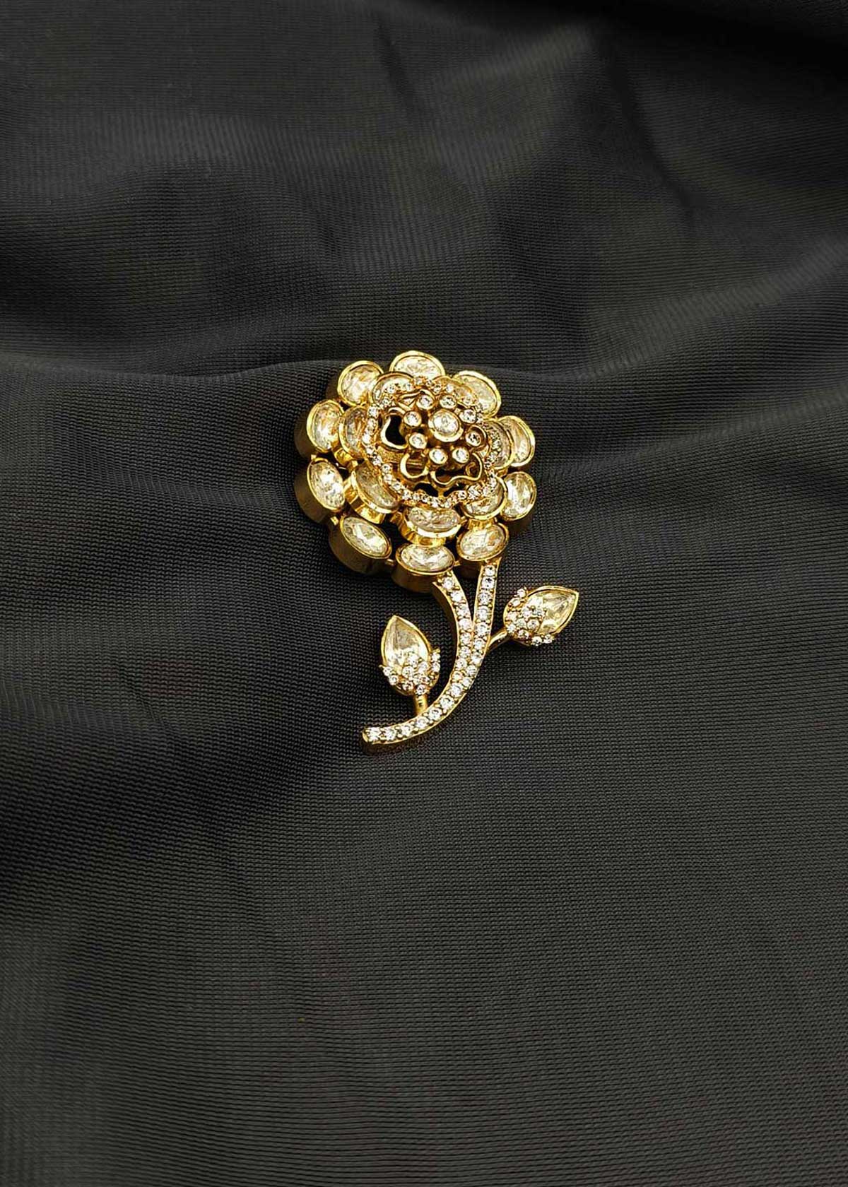 Heritage Kundan & Moissanite Polki Blooming Rose Brooch / Lapel Pin With Diamond Accents
