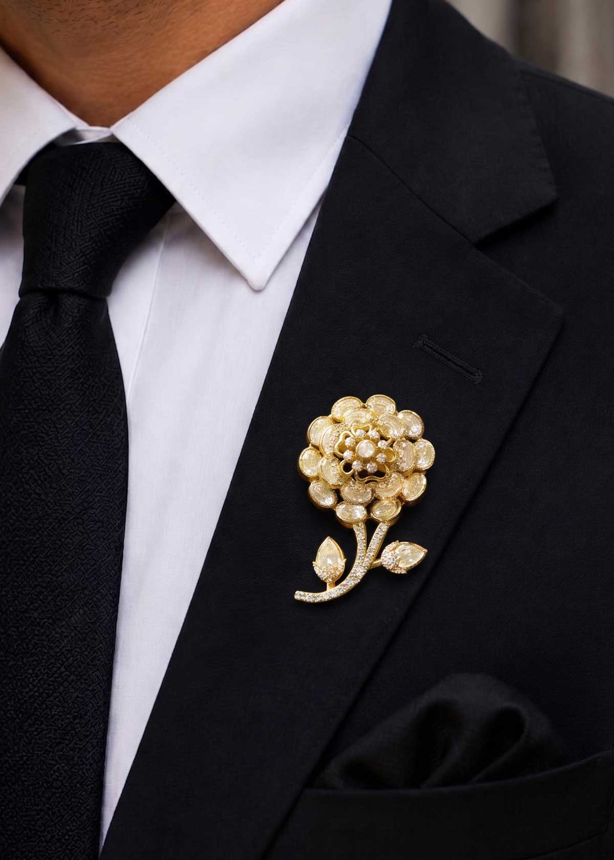 Heritage Kundan & Moissanite Polki Blooming Rose Brooch / Lapel Pin With Diamond Accents