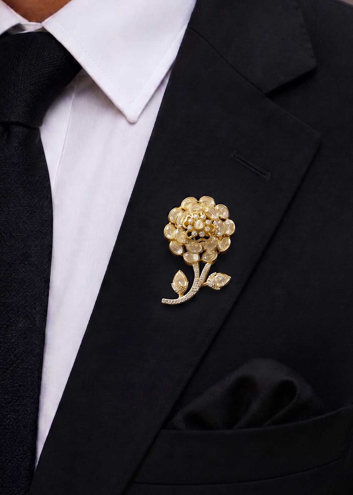 Heritage Kundan & Moissanite Polki Blooming Rose Brooch / Lapel Pin With Diamond Accents