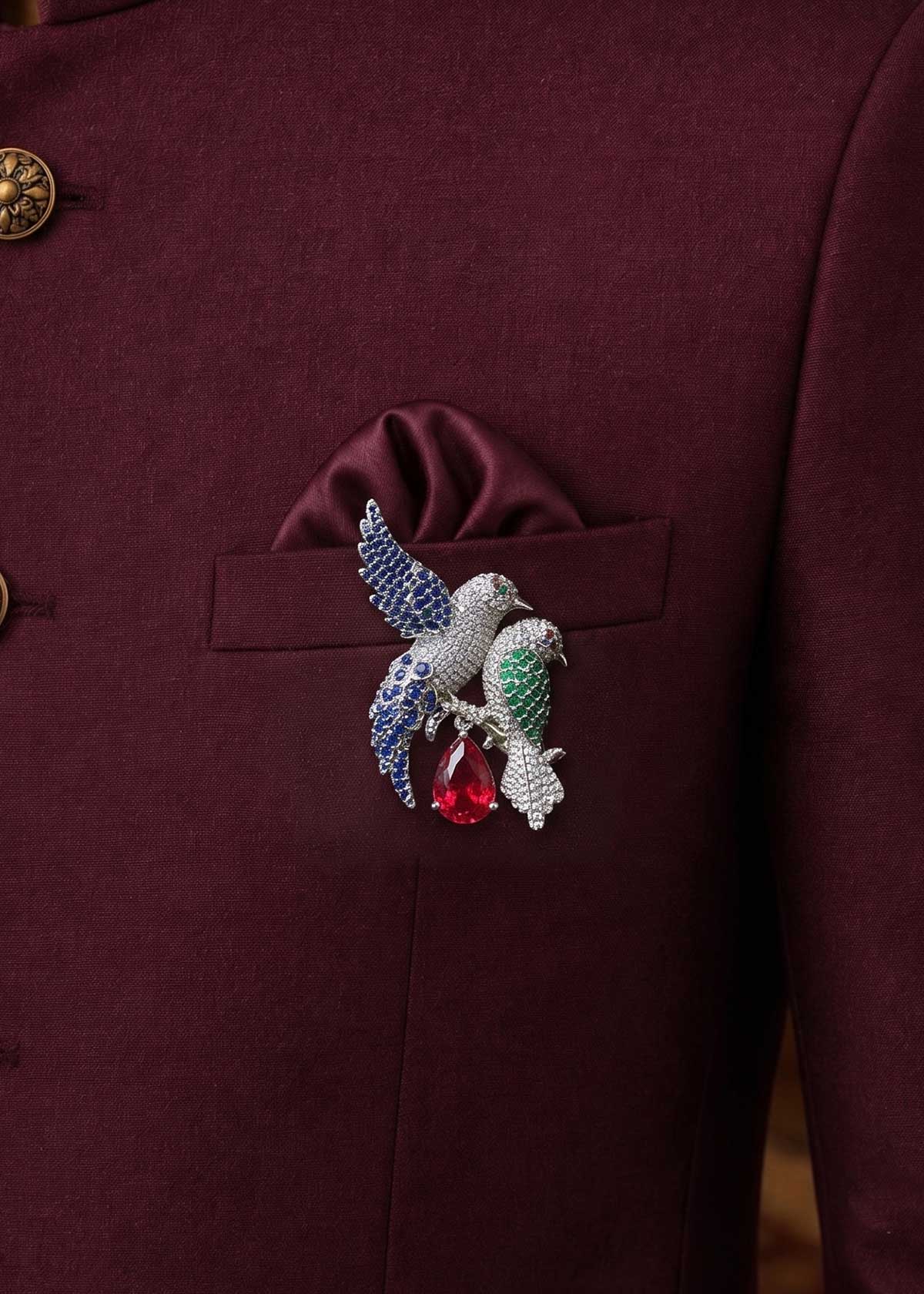 Sparkling Multi Color Cubic Zircon Perched Birds Brooch / Lapel Pin