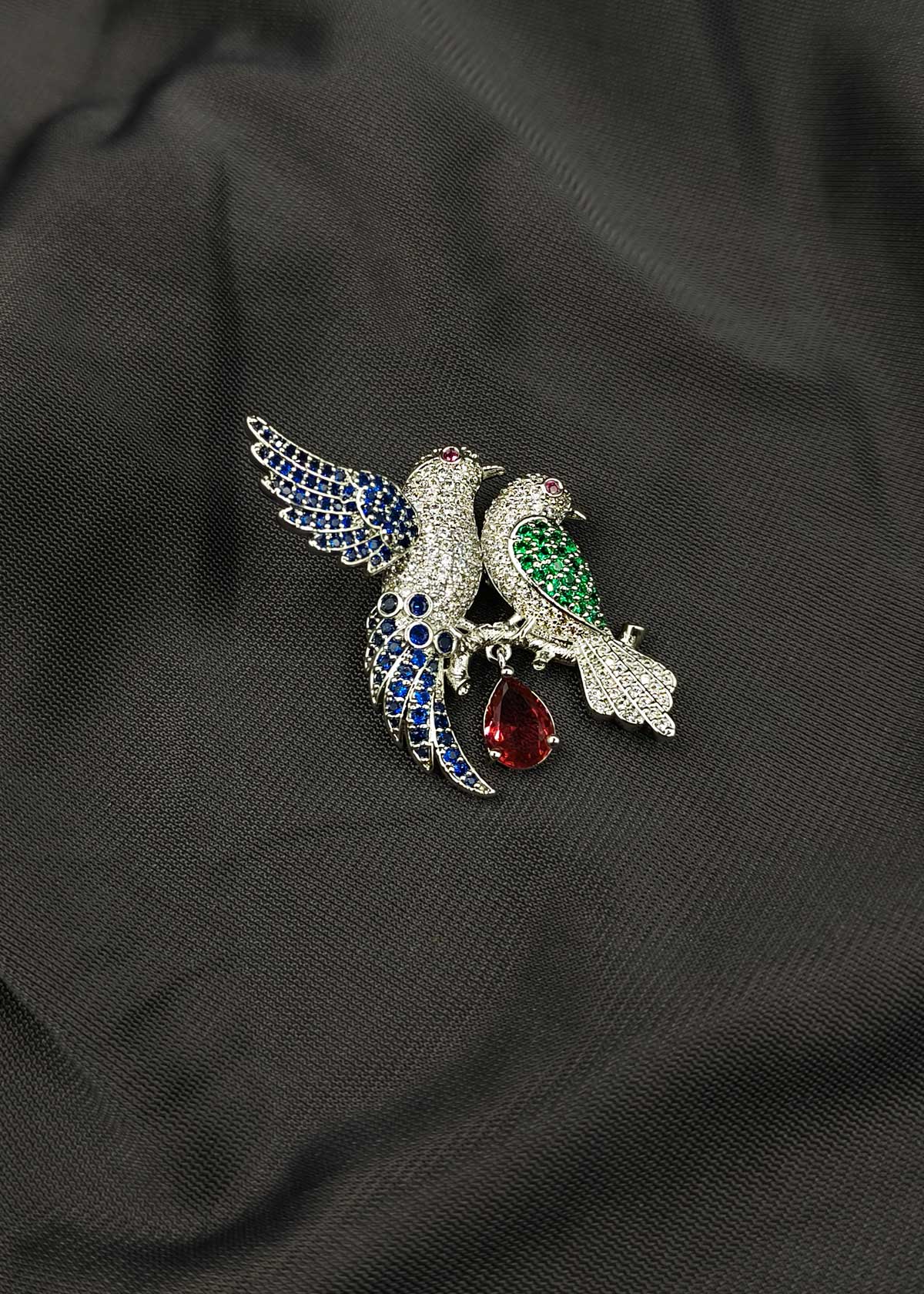 Sparkling Multi Color Cubic Zircon Perched Birds Brooch / Lapel Pin