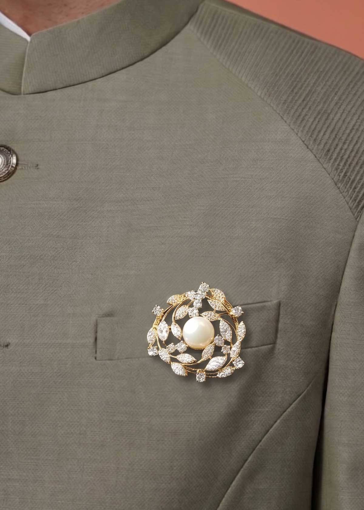 Royal Cubic Zircon & Marquise Floral Wreath Big Brooch / Lapel Pin With Center Pearl