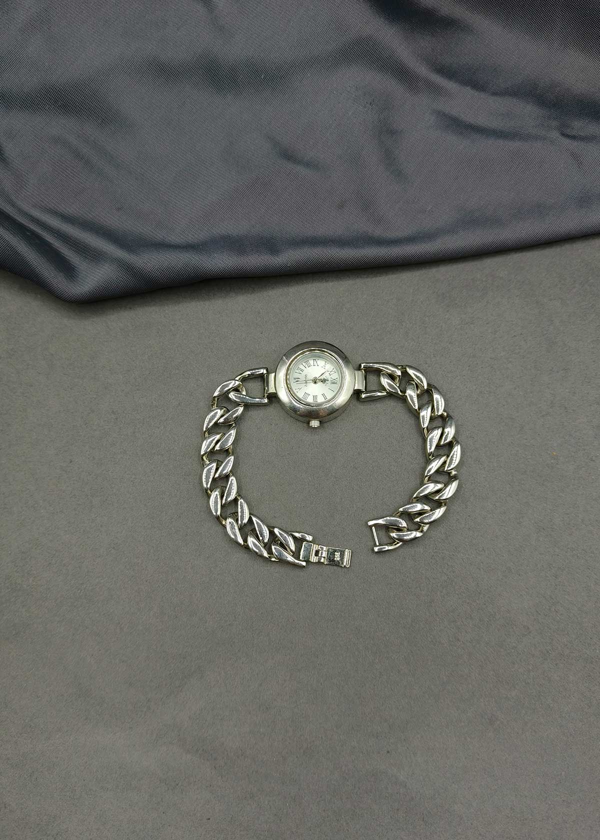92.5 Sterling Silver Curb Chain Link Bracelet Watch For Women