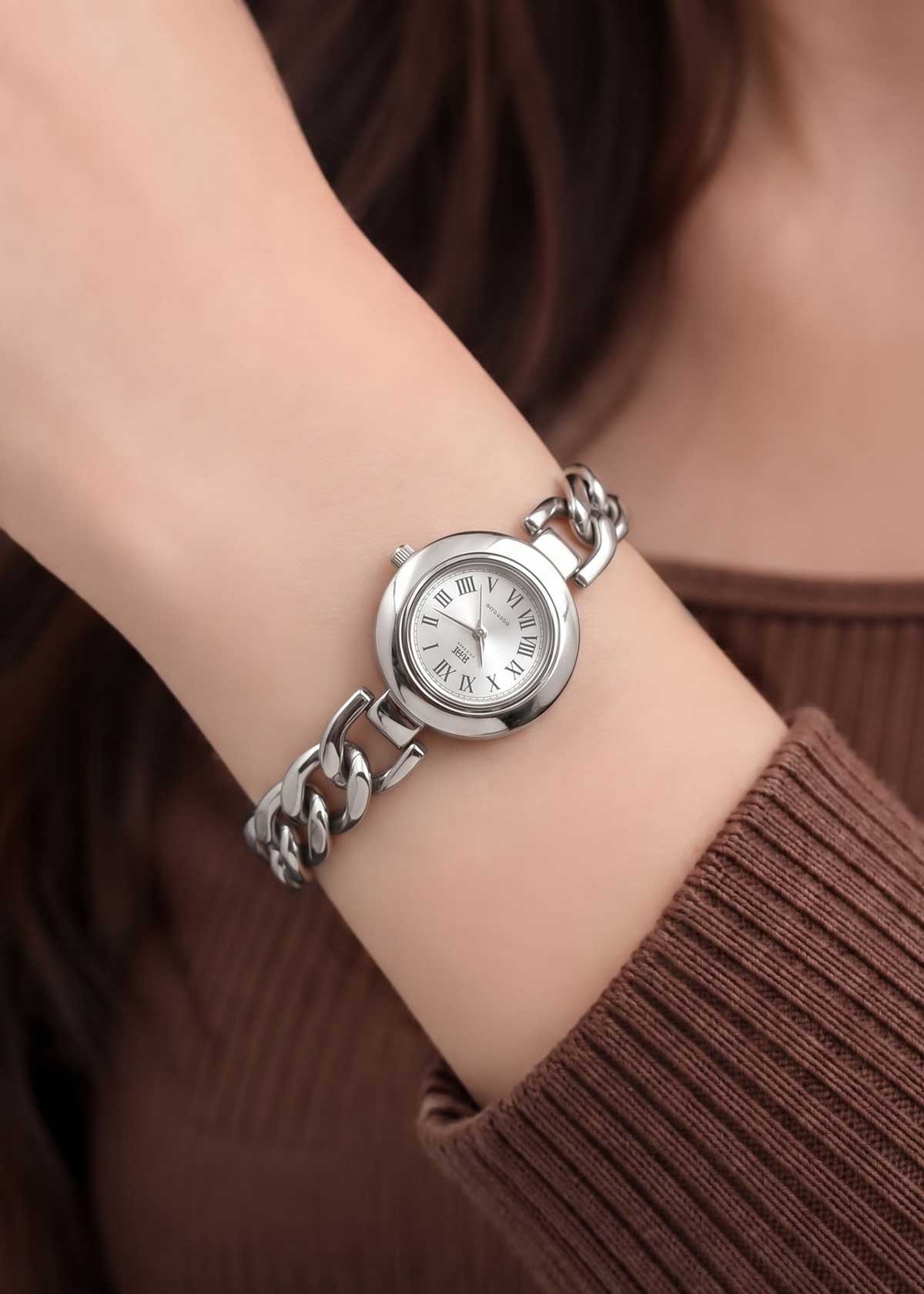 92.5 Sterling Silver Curb Chain Link Bracelet Watch For Women