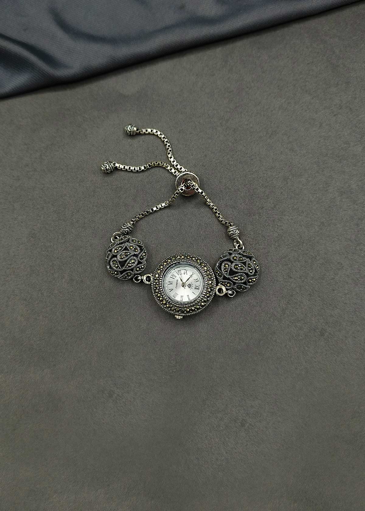 92.5 Sterling Silver Floral Motif Marcasite Slider Adjustable Watch For Women