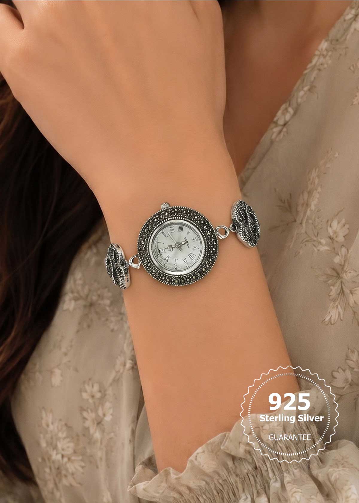 92.5 Silver Floral Marcasite Slider Watch For Women