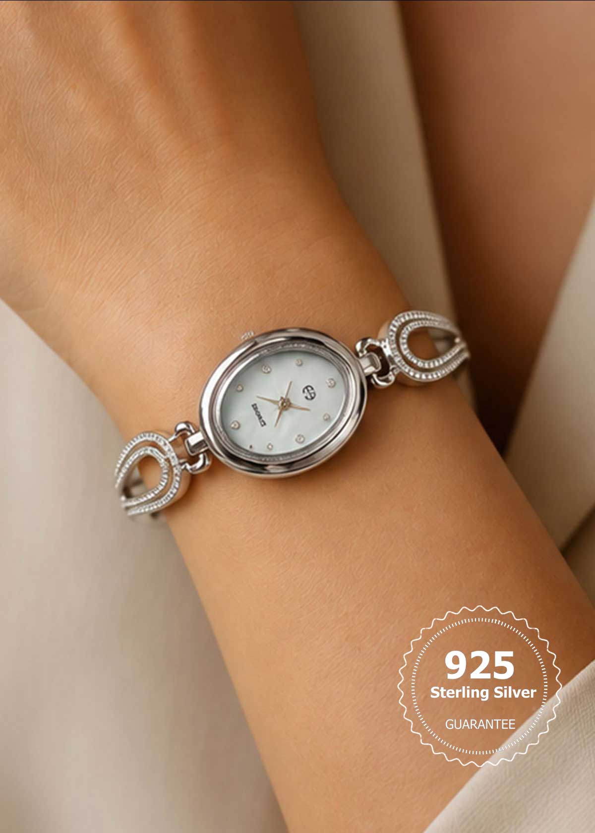 92.5 Sterling Silver Zircon Link Watch For Women