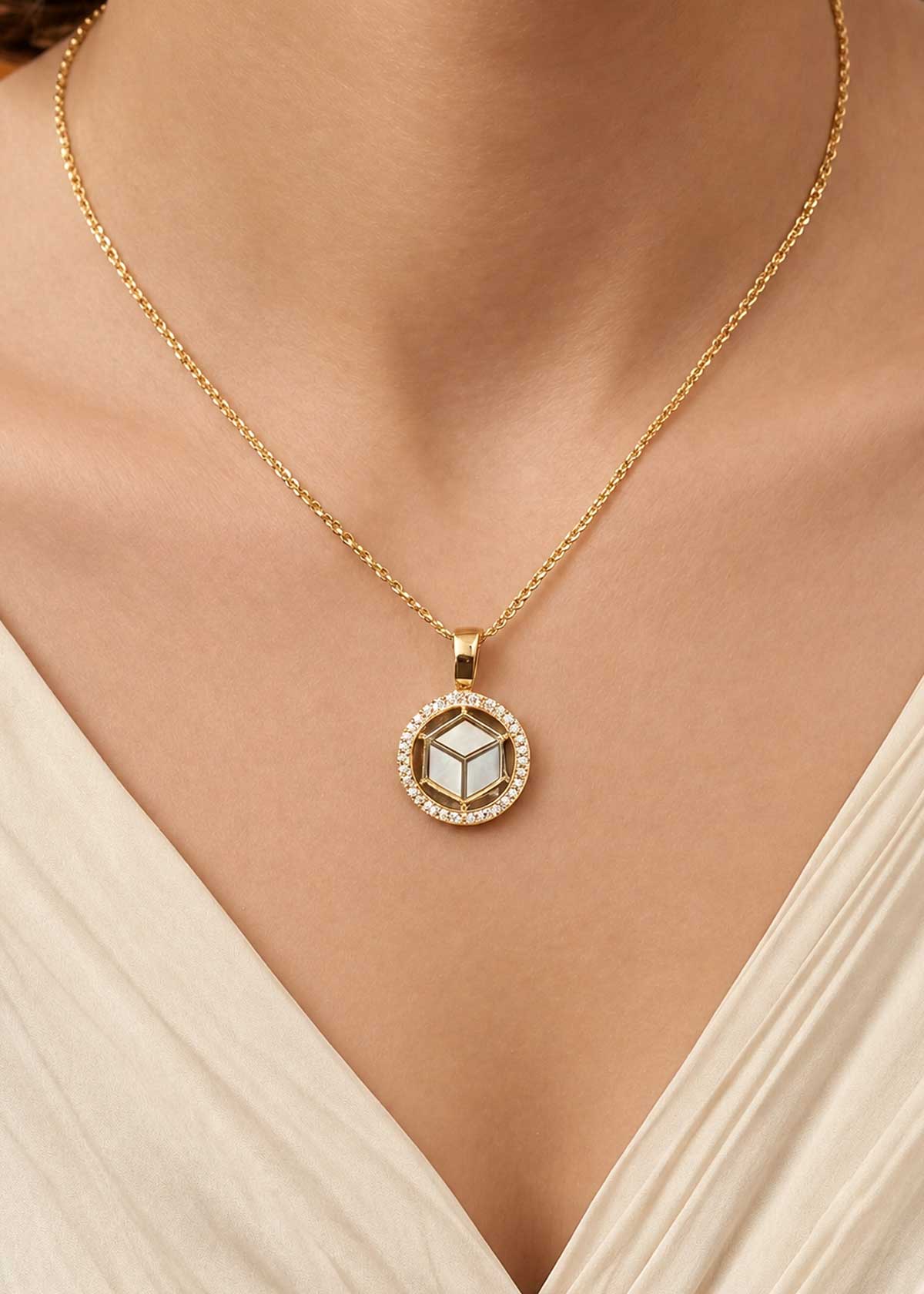Designer Cubic Zircon Halo 3D Cube Mother Of Pearl Small Pendant Set For Women