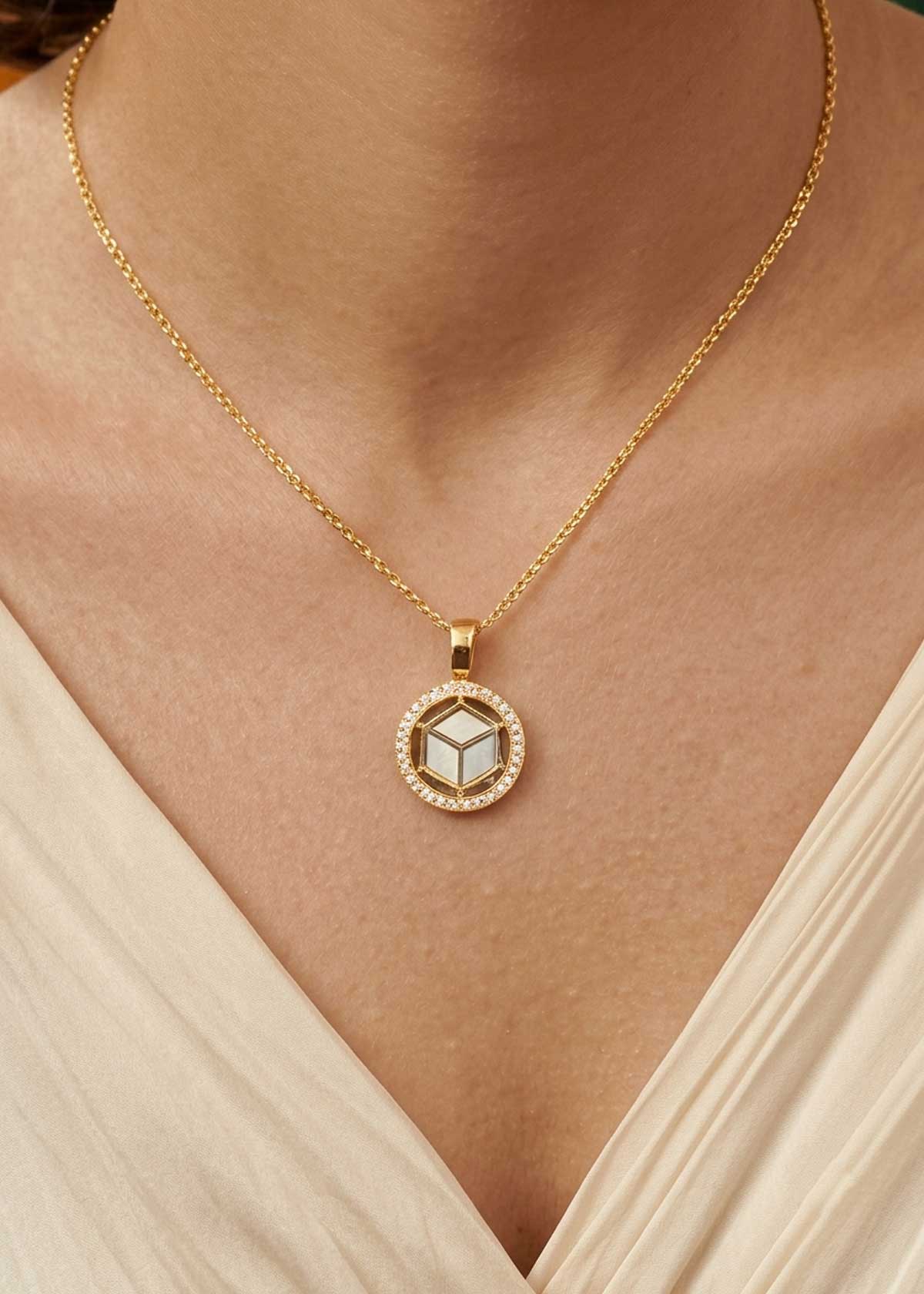 Designer Cubic Zircon Halo 3D Cube Mother Of Pearl Small Pendant Set For Women