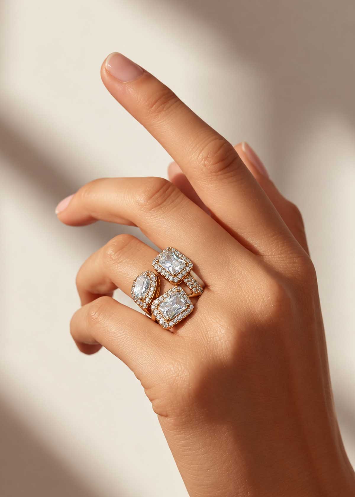 Luxurious Diamond Look Trio Cubic Zircon Broad Adjustable Finger Ring For Women