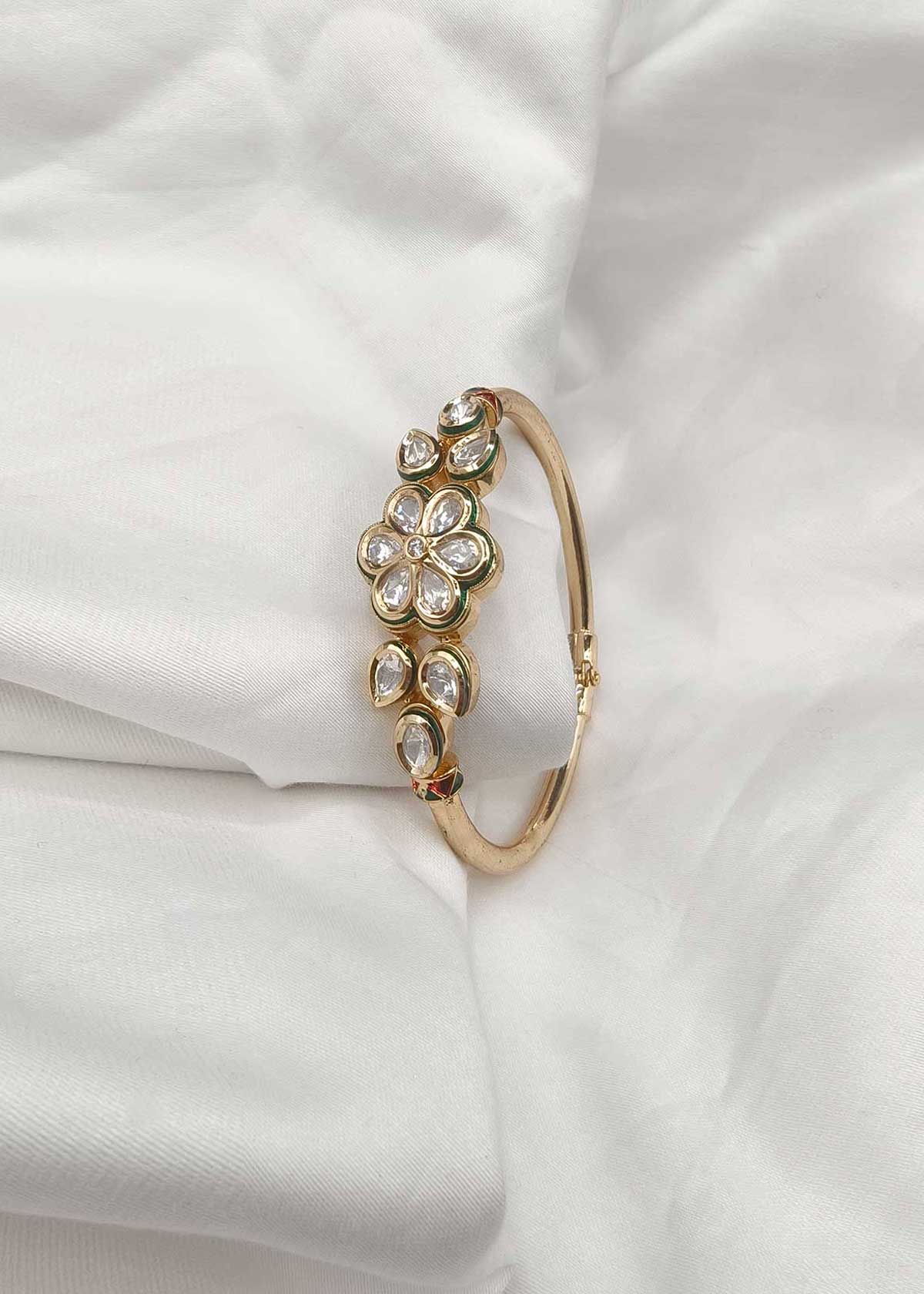 Traditional Handcrafted Kundan & Cubic Zircon Floral Wide Openable Kada Bracelet For Women