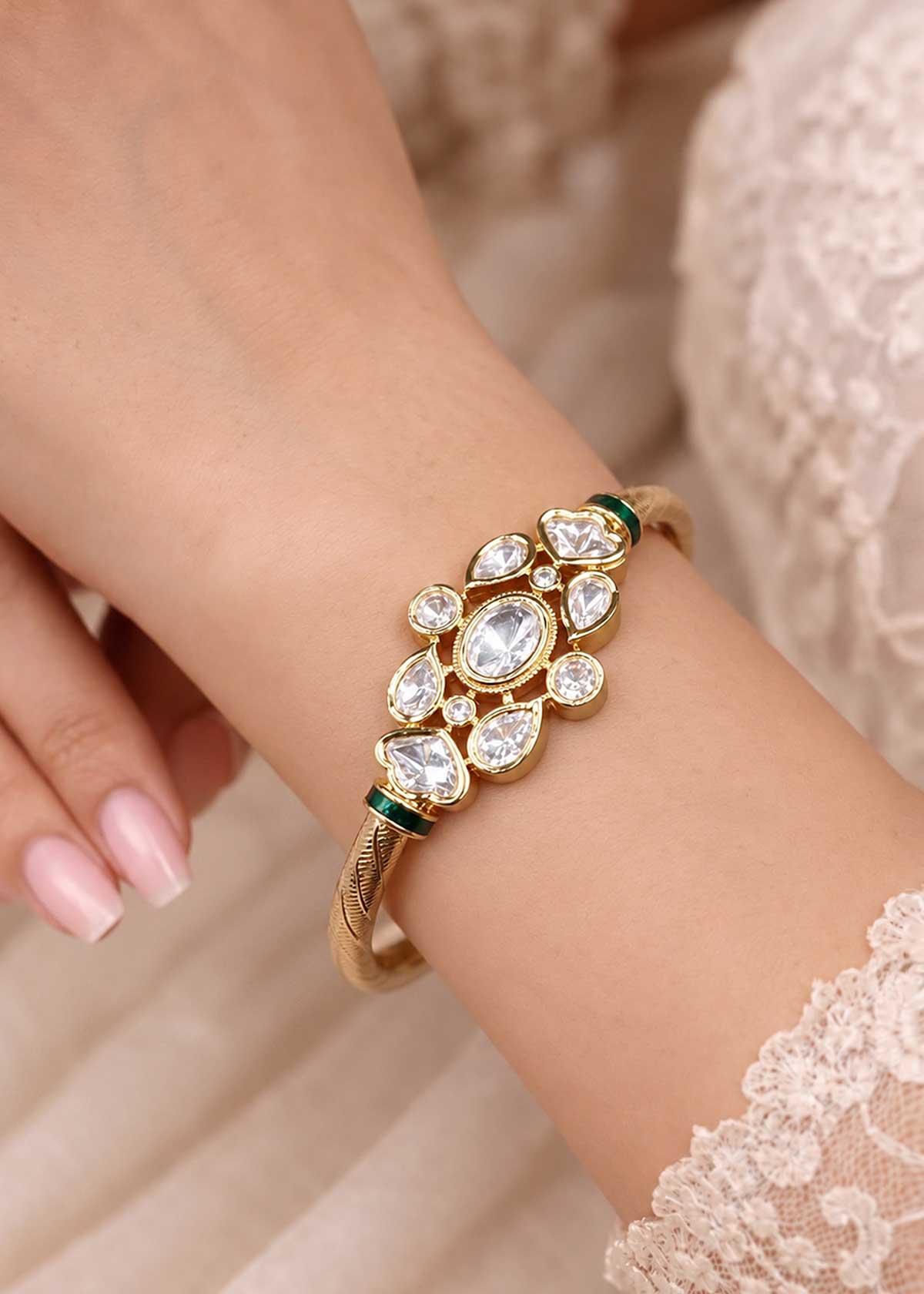 Jadau Look Oval Kundan Openable Kada Bracelet For Women