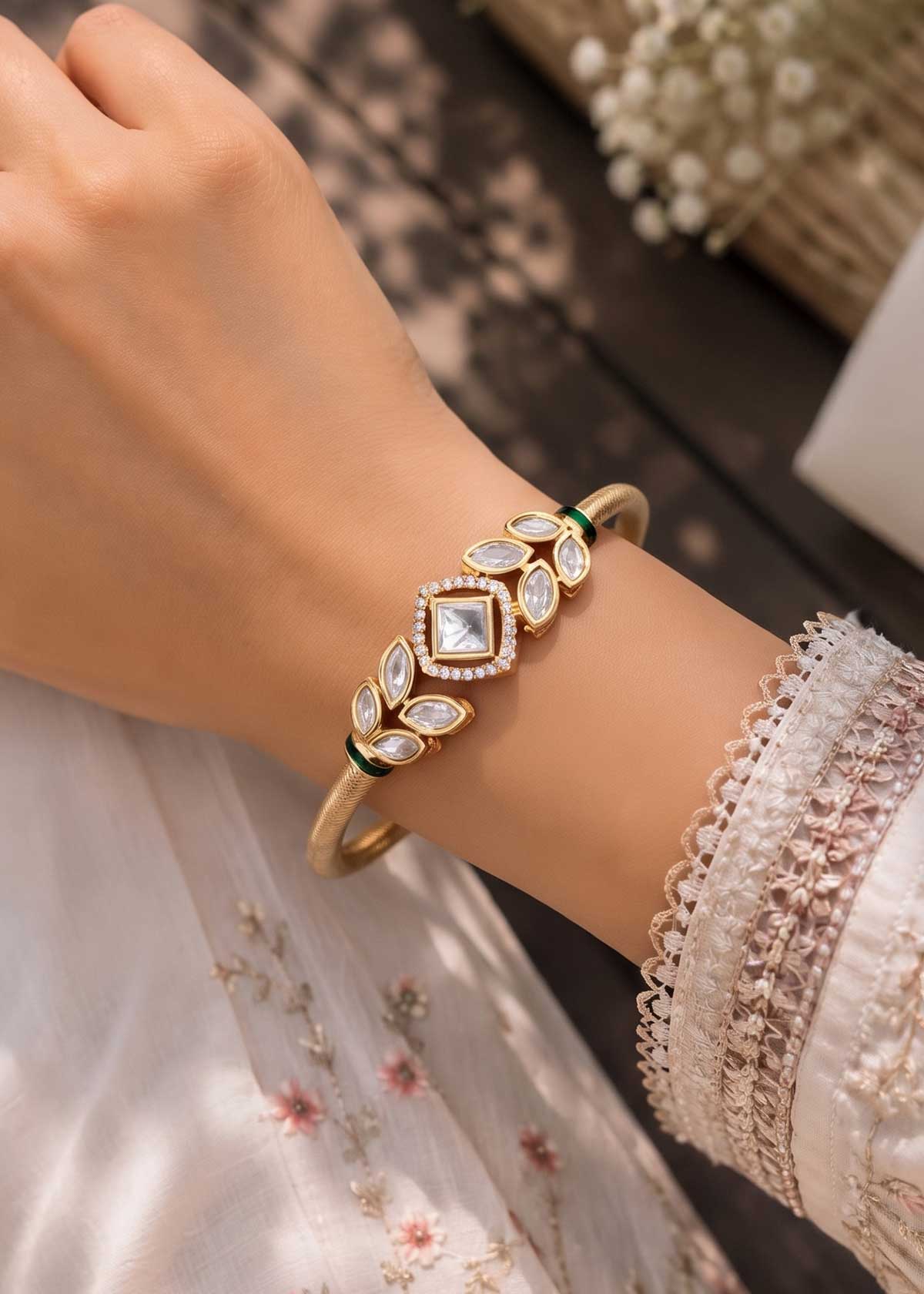 Royal Polki-Look Square Solitaire Kundan & Cubic Zircon Openable Kada Bracelet For Women