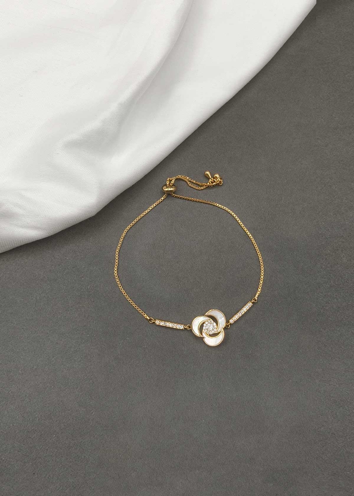 Radiant Lotus Zircon Mother Of Pearl Gold Polished Adjustable Bracelet
