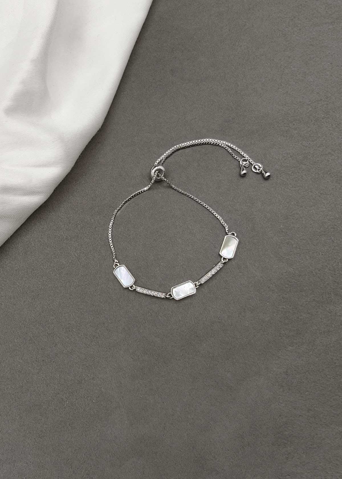 Silver Plated Adjustable Rectangular Zircon And Mother Of Pearl Bracelet
