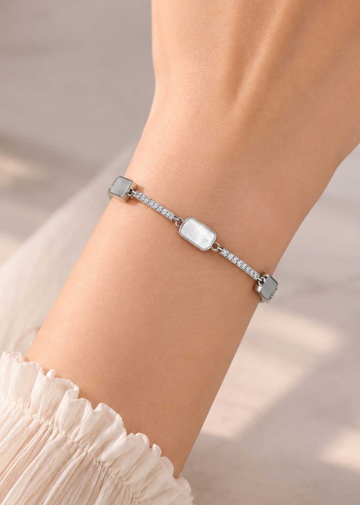 Silver Plated Adjustable Rectangular Zircon And Mother Of Pearl Loose Bracelet For Woman
