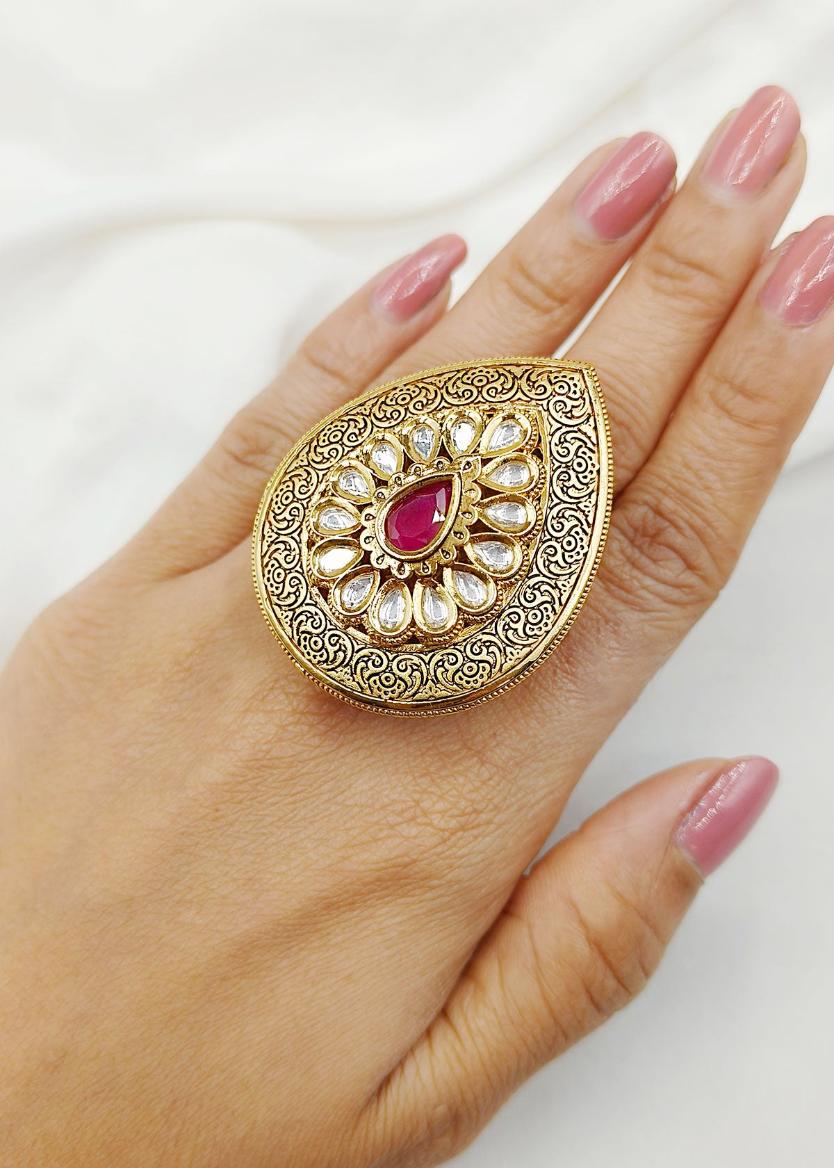 Big Antique Gold Drop Shape Ruby Kundan Finger Ring