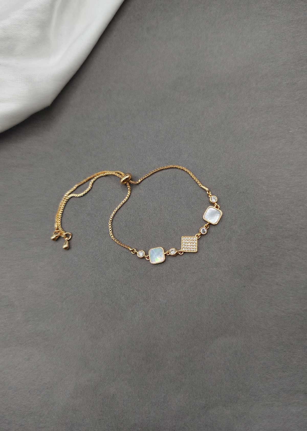 Gold Plated Adjustable Geometric Zircon And Mother Of Pearl Bracelet
