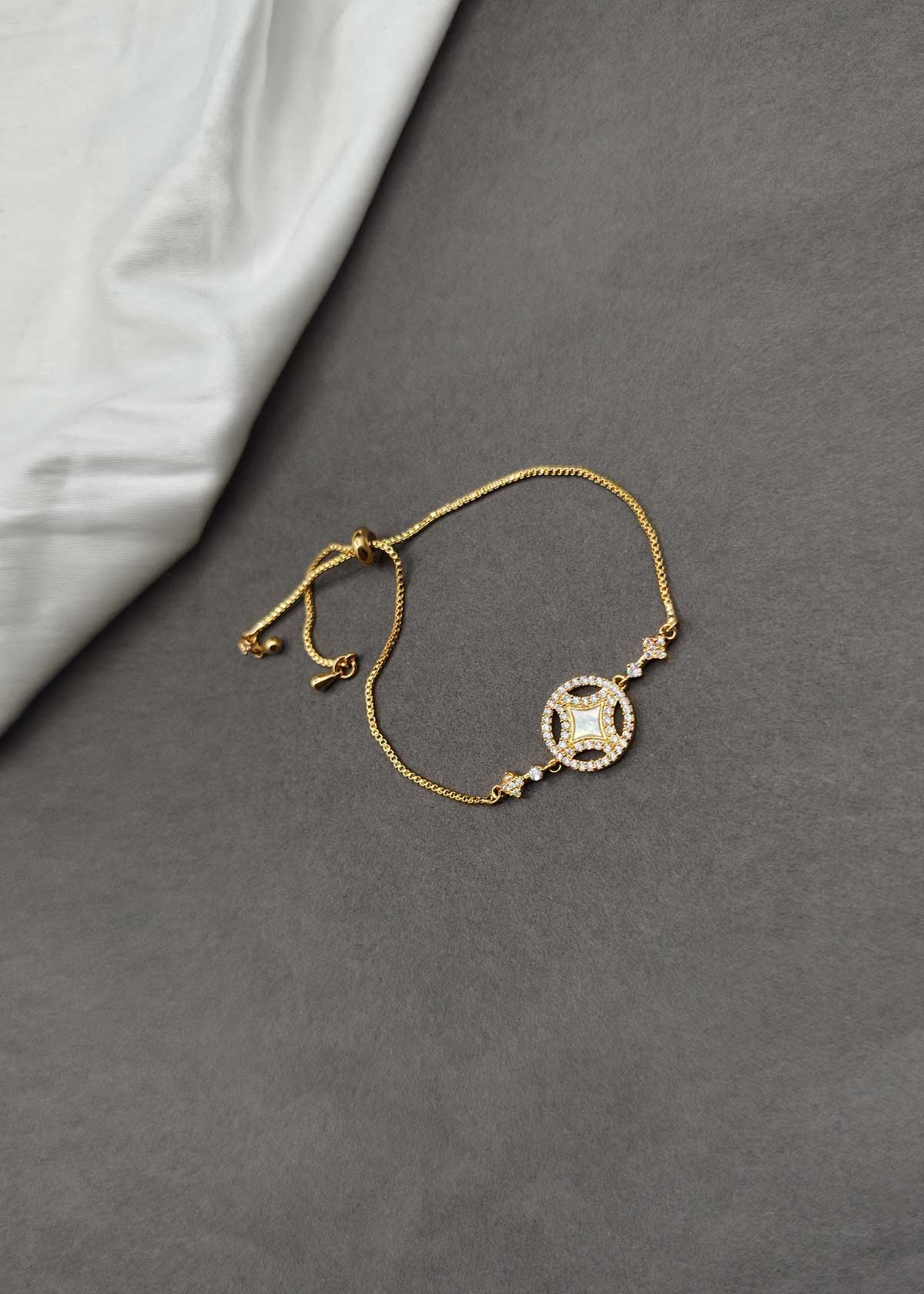 Gold Plated Adjustable Medallion Zircon And Mother Of Pearl Bracelet