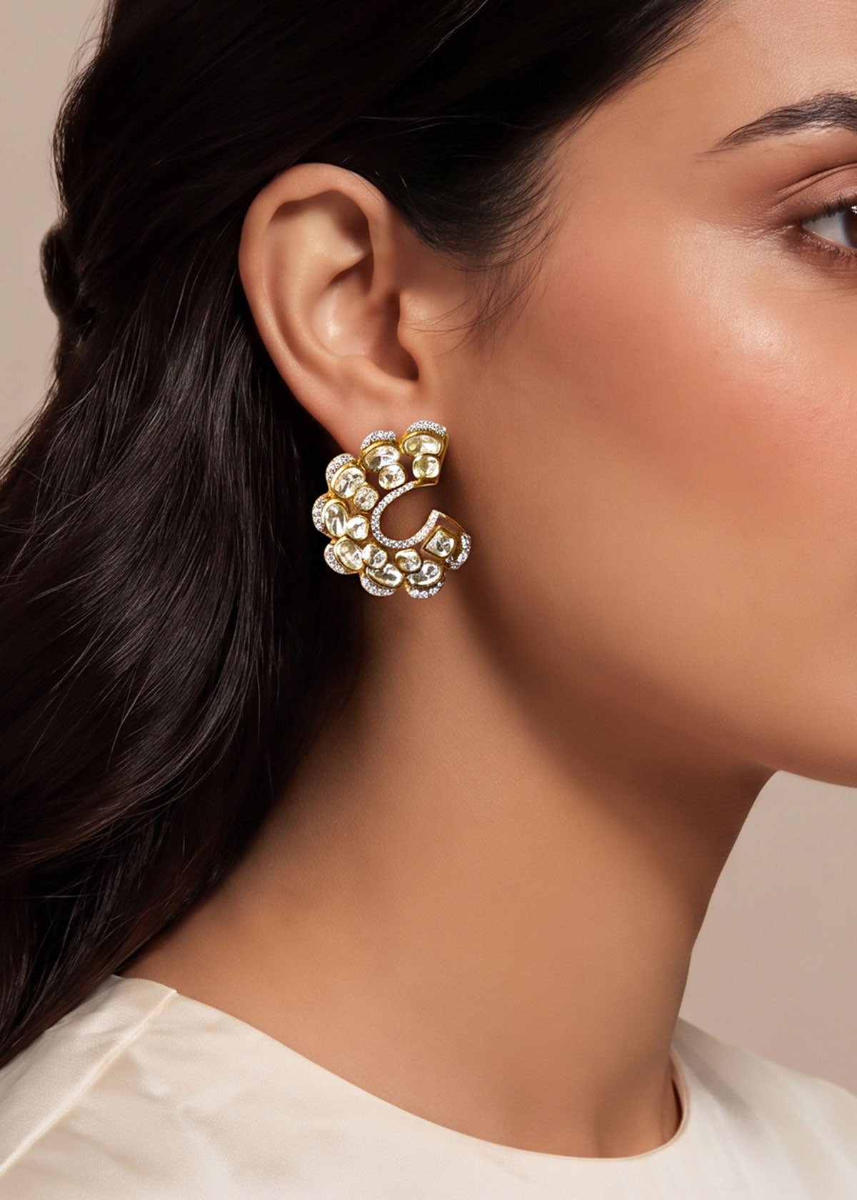 Contemporary Crescent Swirl Moissanite & Cubic Zircon Stud Earrings For Women