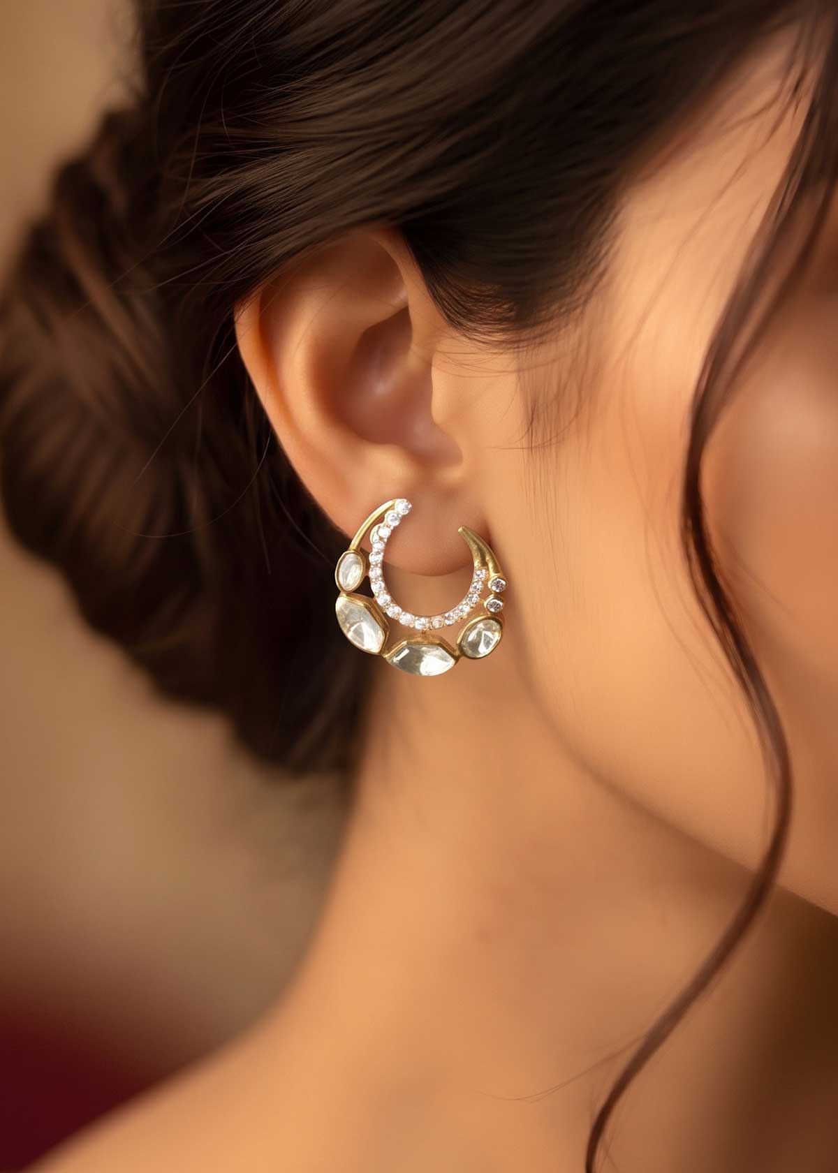 Modern Heritage Curved Chand Motif Cubic Zircon Stud Earrings For Women