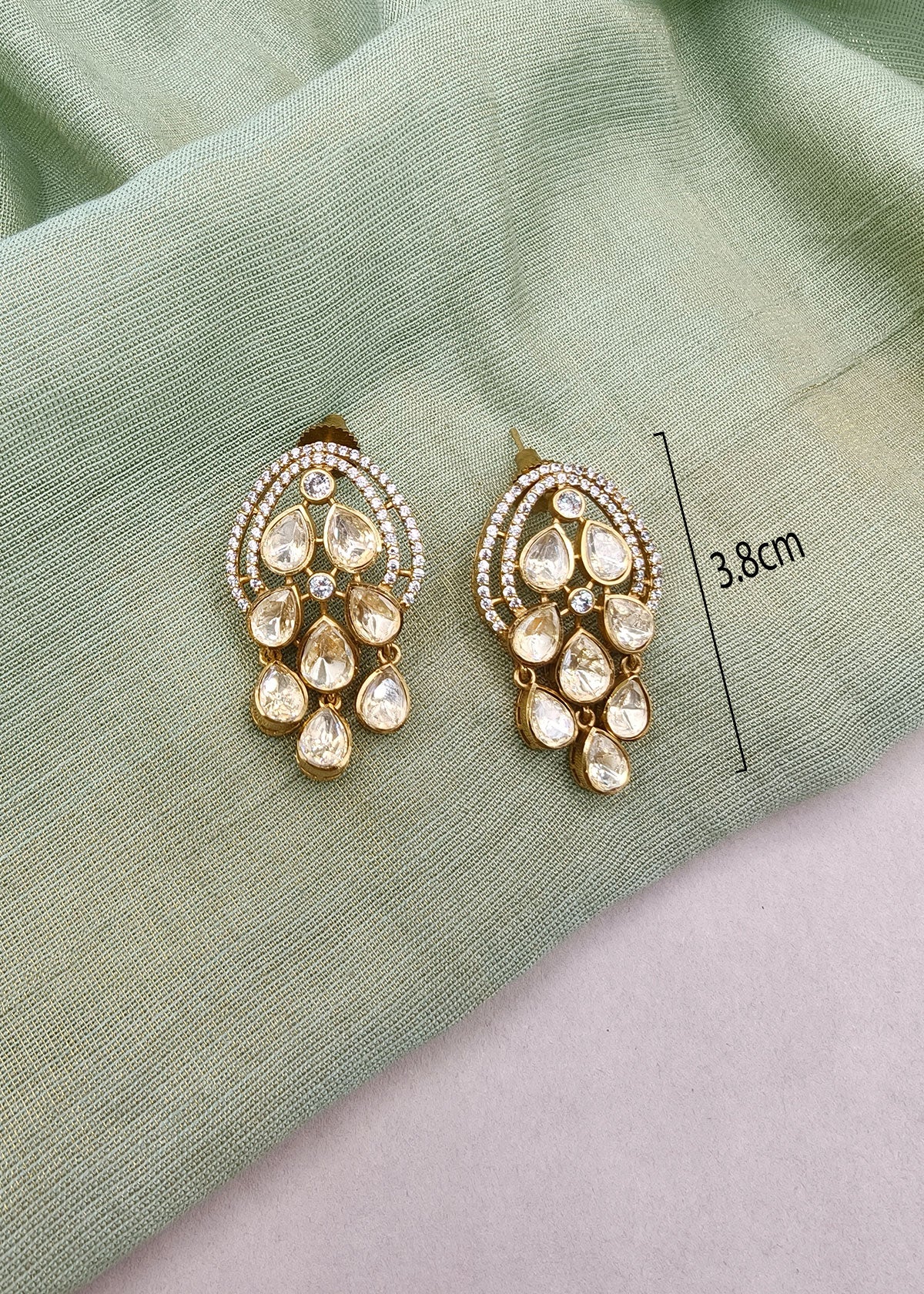 Gold Plated Kundan & Cubic Zircon Cascading Teardrop Stud Earrings for Women