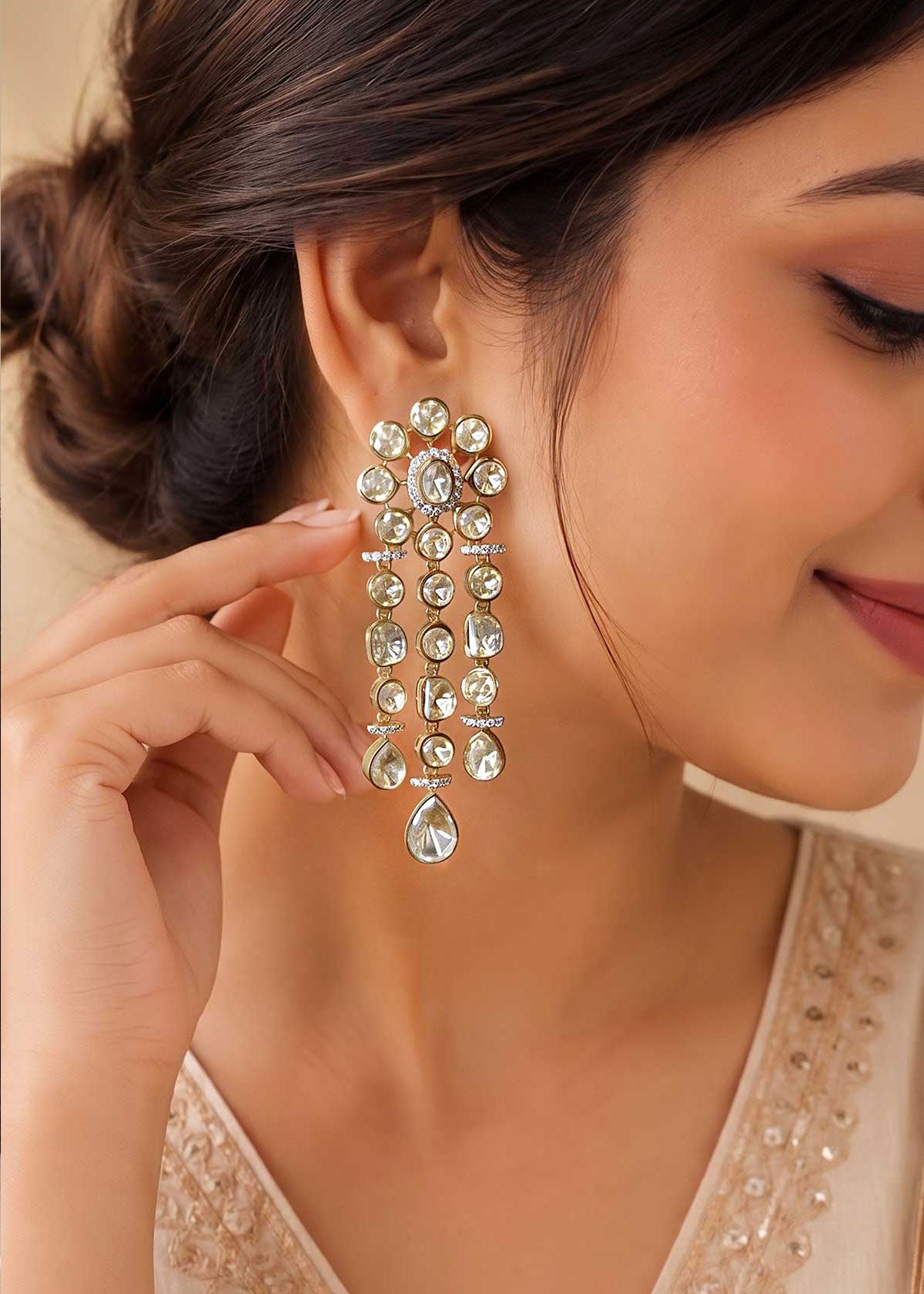 Floral Cluster Three Strand Moissanite & Cubic Zircon Dangle Earrings For Women