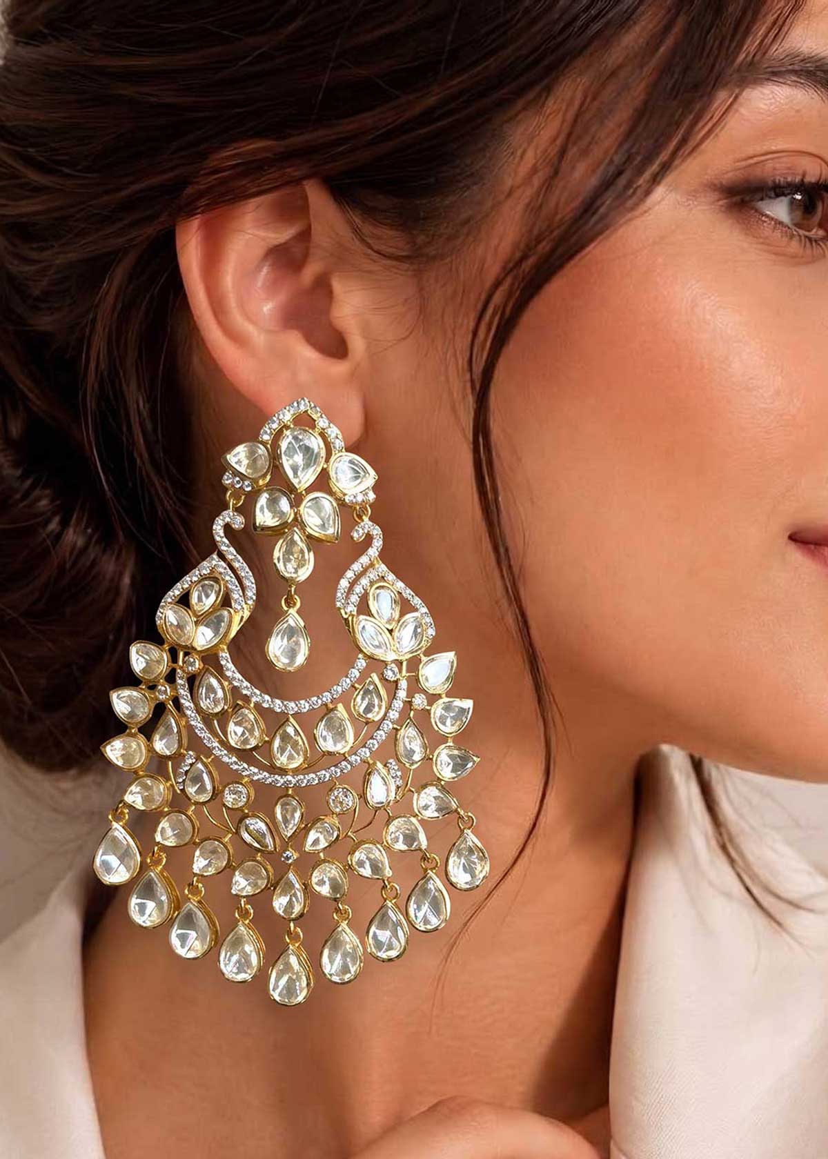 Vintage Mughal Inspired Cubic Zircon & Moissanite Long Chandbali Earrings For Women