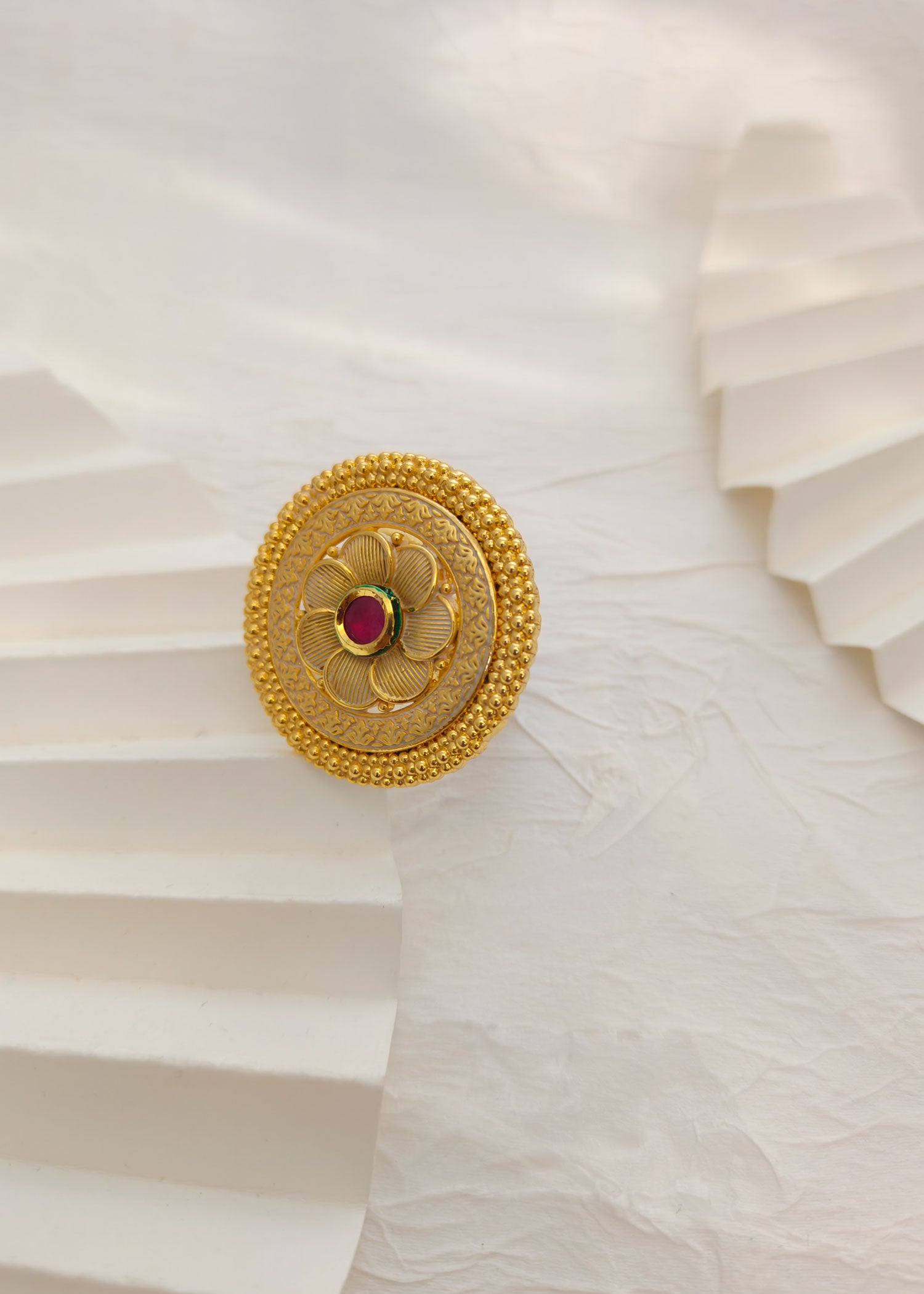 Big Antique Gold Adjustable Ruby Meenakari Bridal Finger Ring