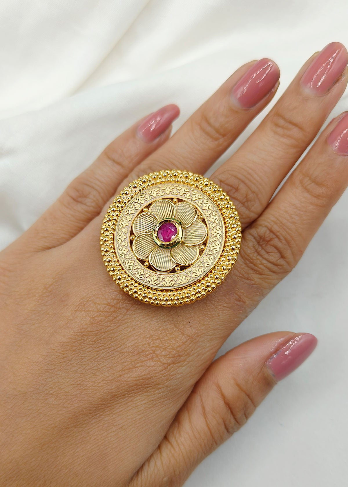 Big Antique Gold Adjustable Ruby Meenakari Bridal Finger Ring