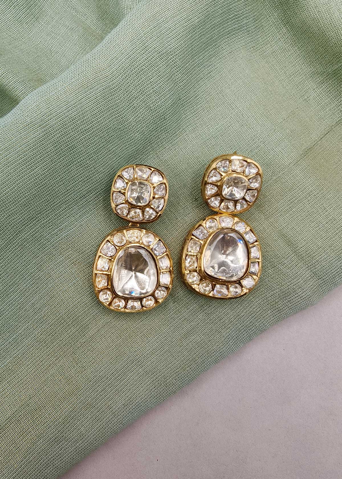 Classic Gold Plated Two-Drop Kundan Earrings For Women