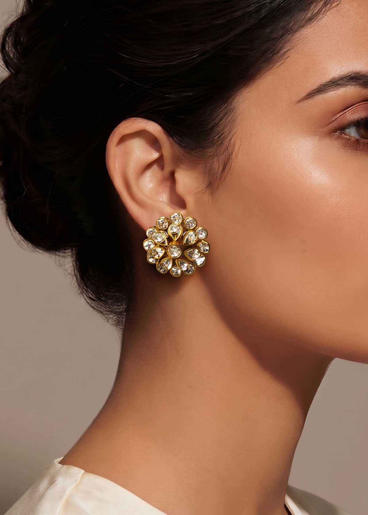 Classic Rajwada Round Floral Cluster Moissanite Small Stud Earrings For Women