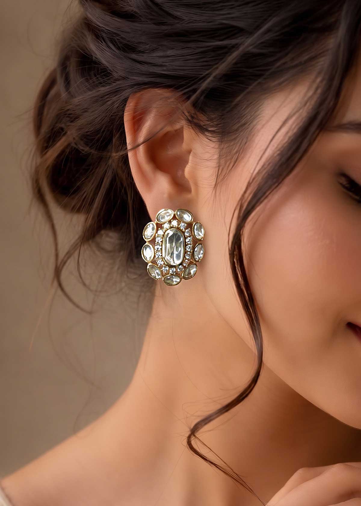 Artisanal Oval Halo Moissanite & Micro Cubic Zircon Stud Earrings For Women