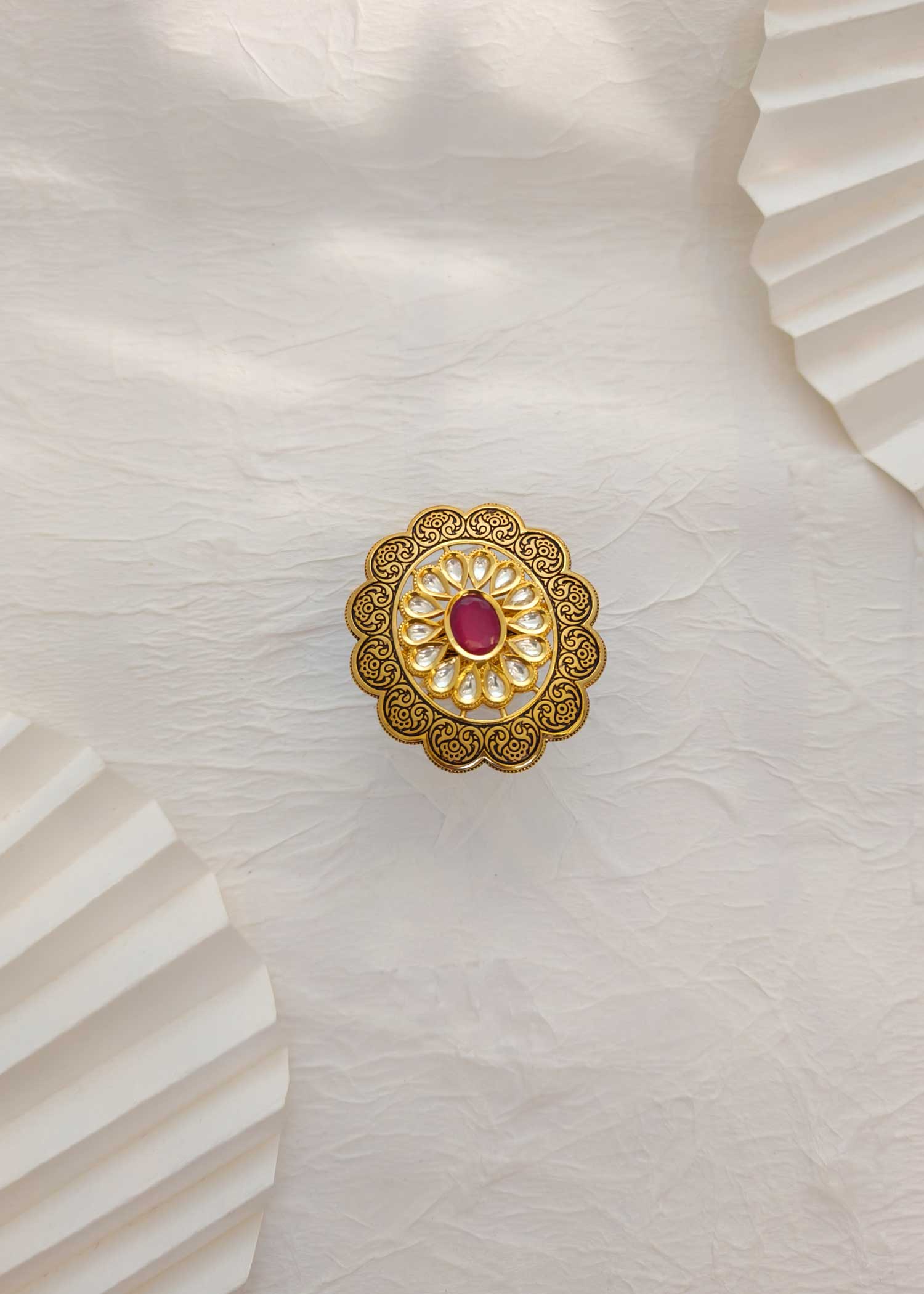 Big Antique Gold Ruby Kundan Finger Ring