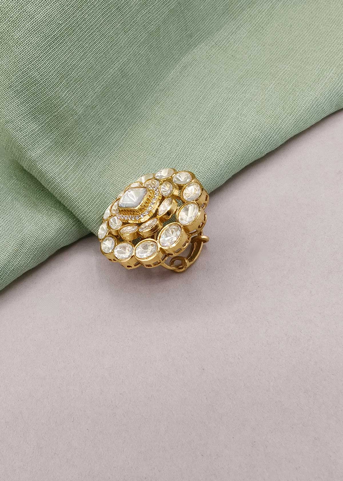 Royal Polki-Style Domed Flower Kundan Finger Ring For Women