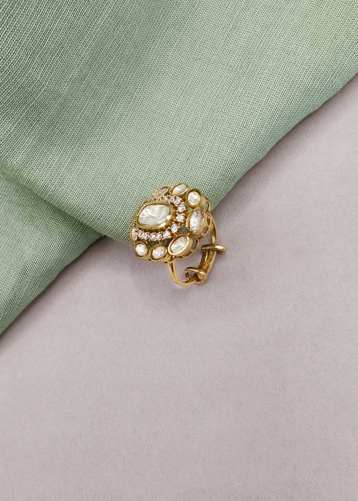 Classic Pavé Cubic Zircon Border Oval Kundan Finger Ring For Women