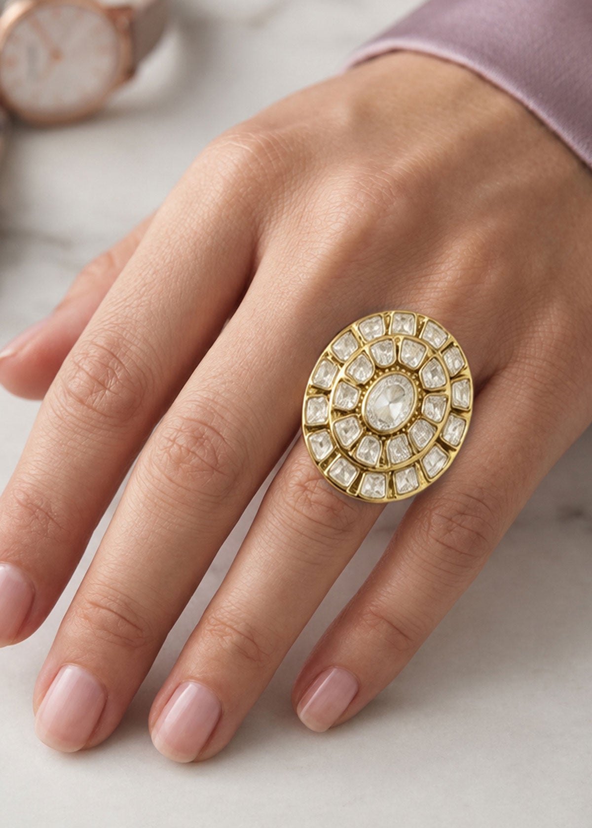 Imperial Polki Look Round Solitaire Moissanite Adjustable Finger Ring For Women