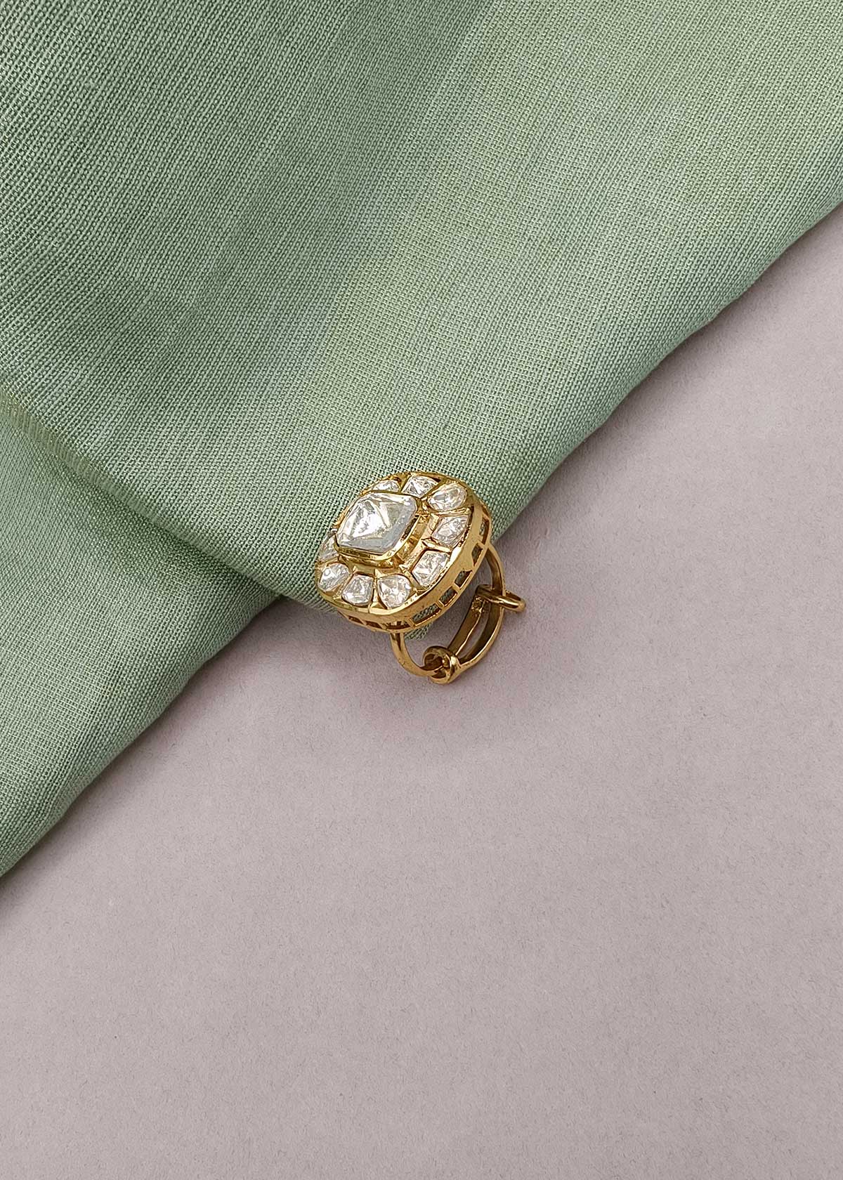 Traditional Square Cushion Polki with Stone Halo Kundan Ring For Women