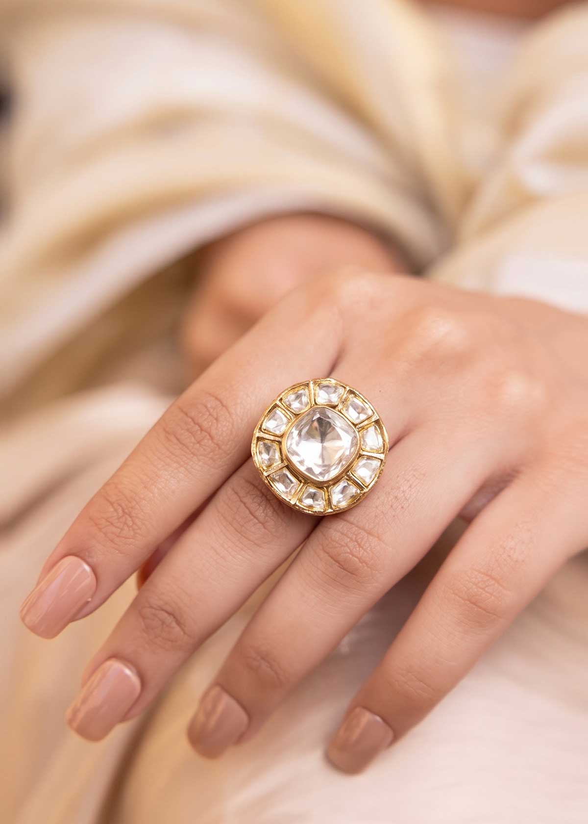 Traditional Square Cushion Polki with Stone Halo Kundan Ring For Women