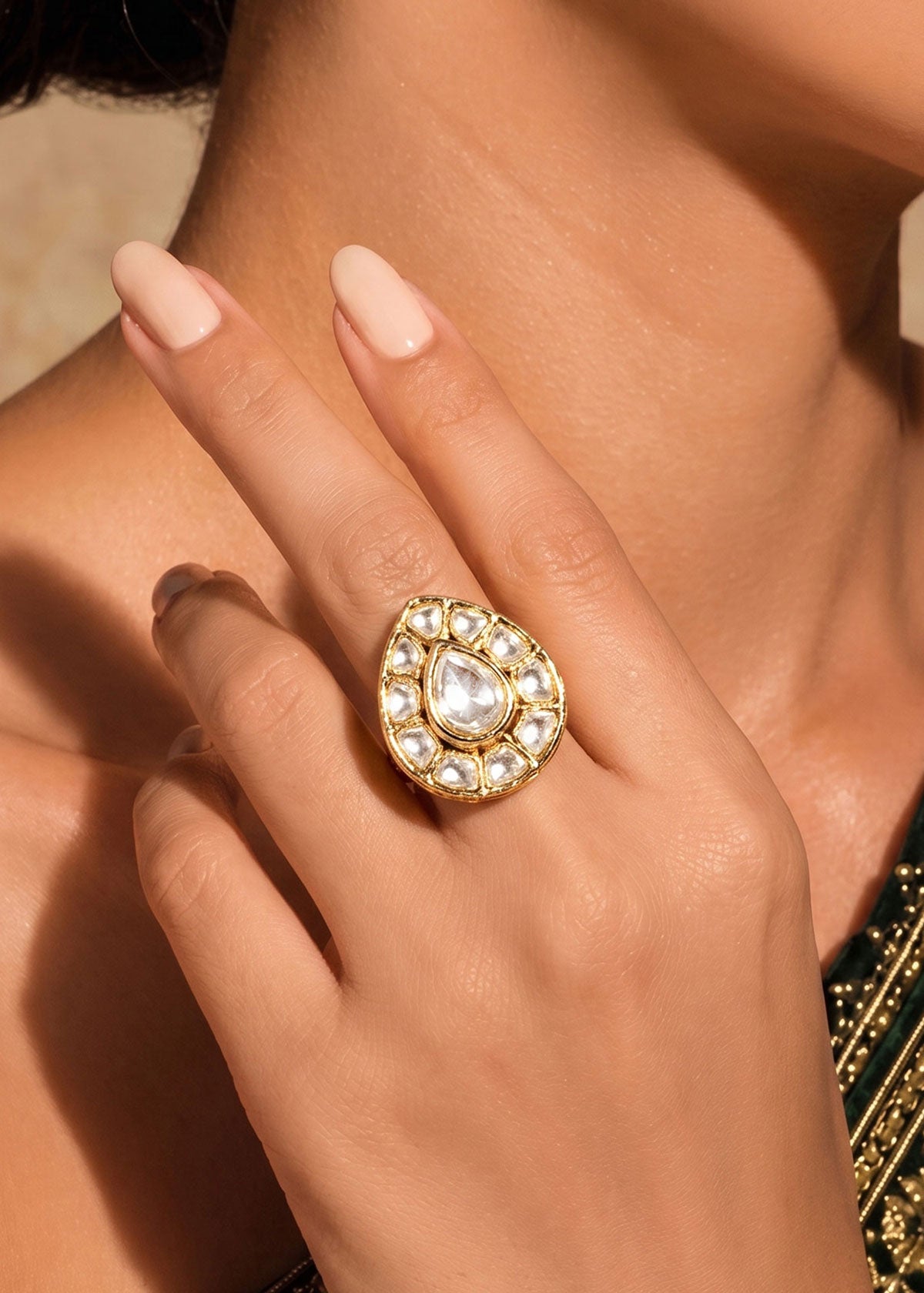 Classic Grand Teardrop Polki Cut Moissanite Big Adjustable Finger Ring For Women