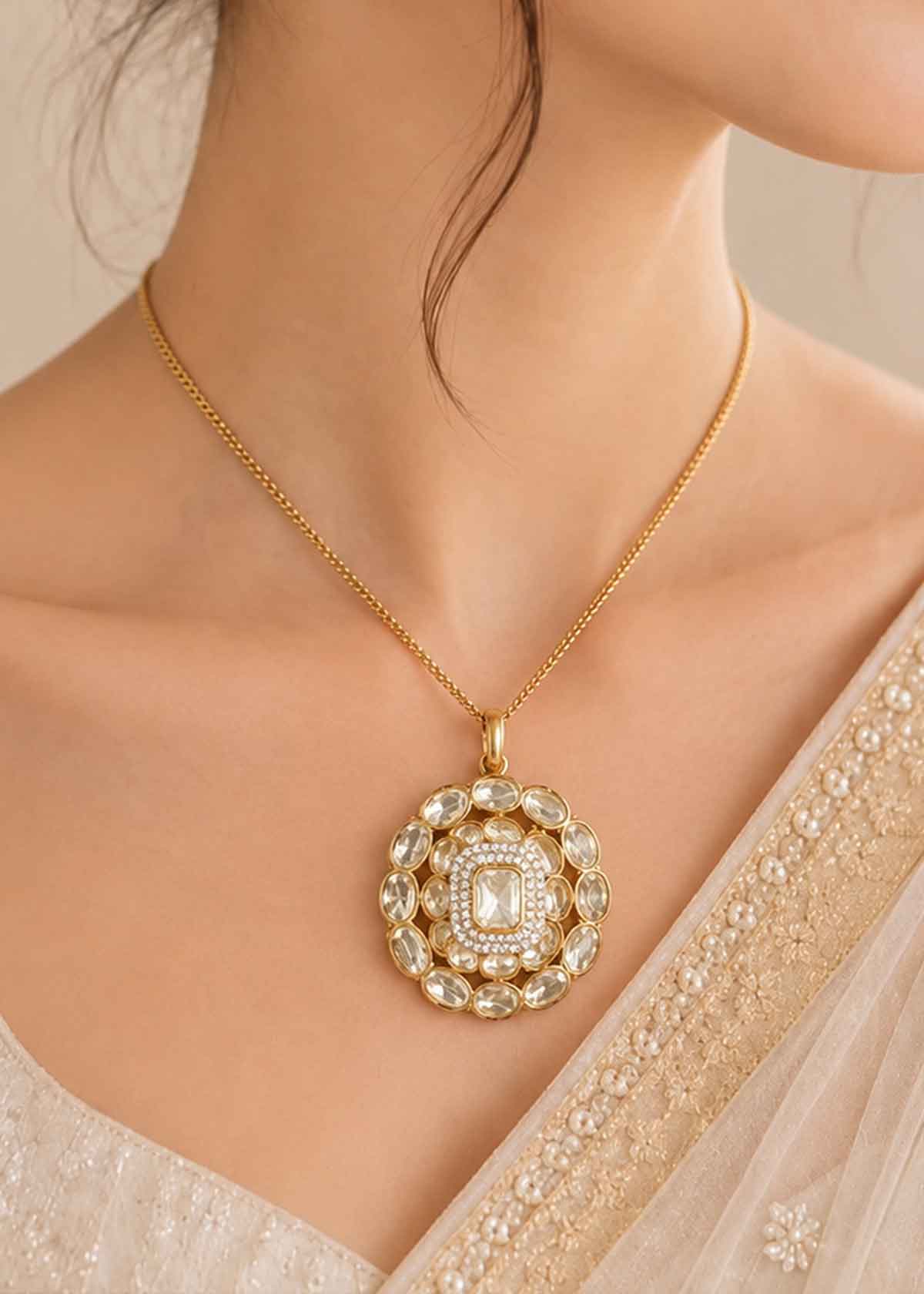 Moissanite Polki & Cubic Zircon Floral Medallion Big Pendant Set For Women