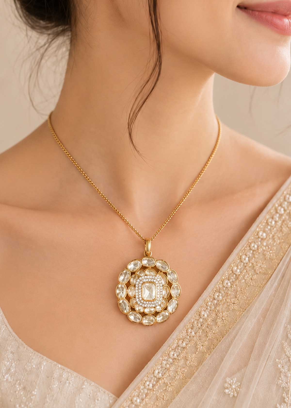 Moissanite Polki & Cubic Zircon Floral Medallion Big Pendant Set For Women