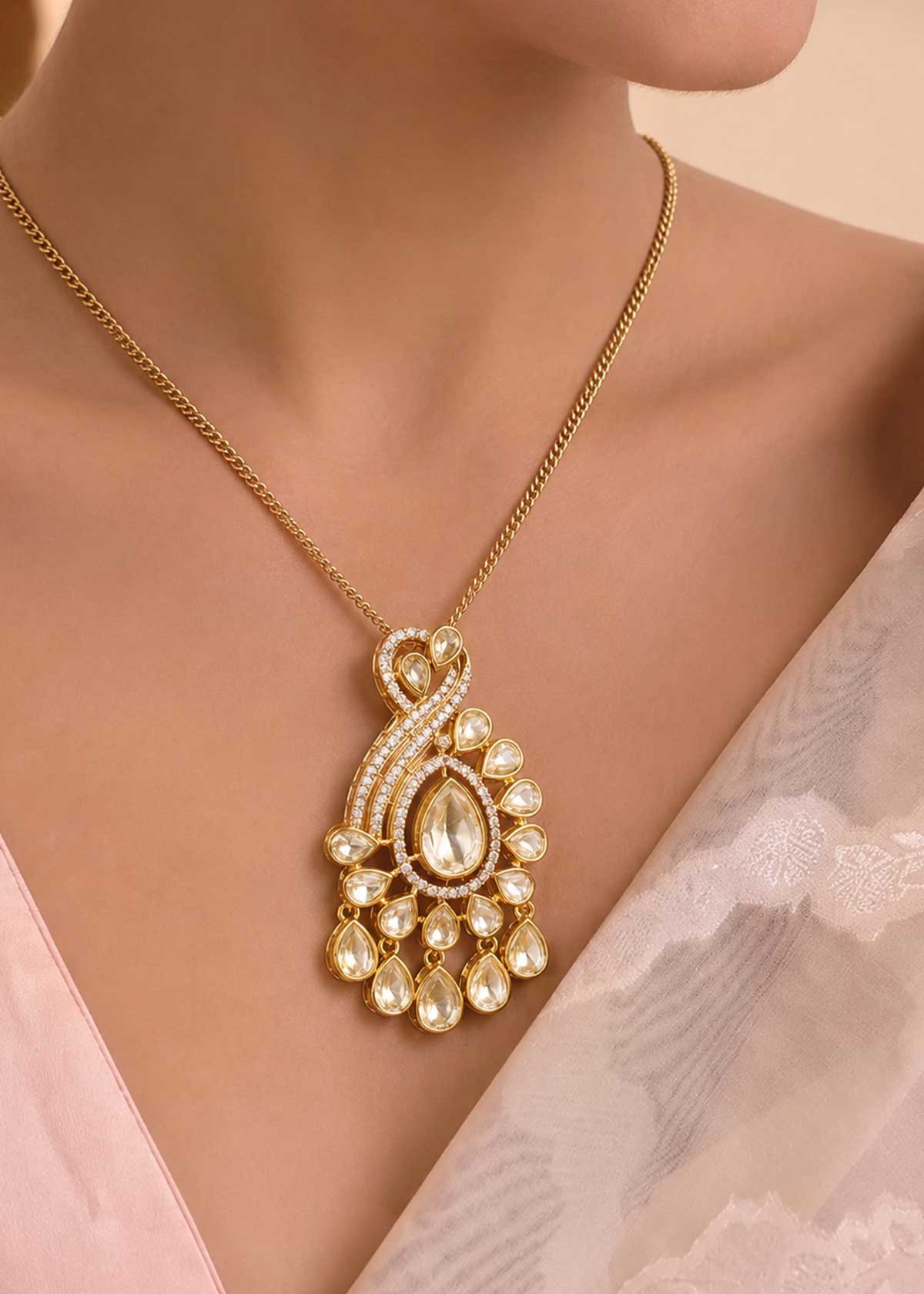 Regal Teardrop Moissanite Polki & Micro-Pavé Cubic Zircon Big Pendant Set For Women