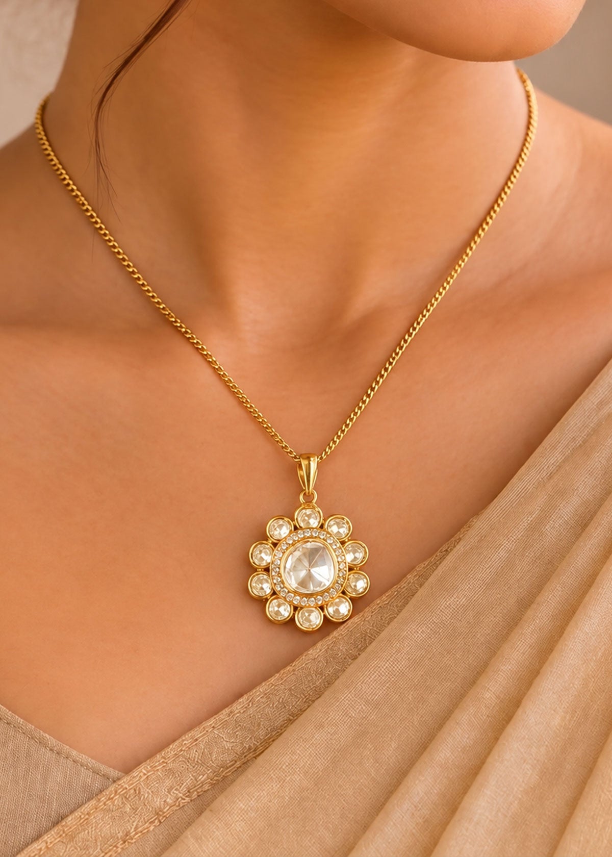 Uncut Moissanite Solitaire & Pavé Zircon Floral Big Pendant Set For Women