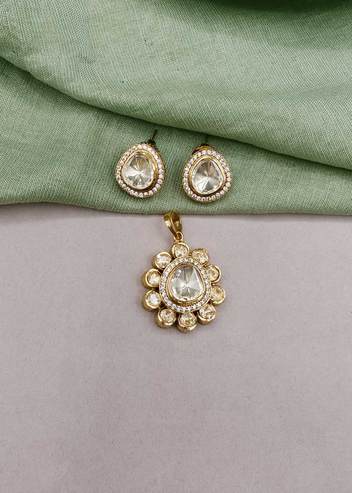 Majestic Uncut Moissanite Solitaire & Pavé Cubic Zircon Floral Big Pendant Set For Women