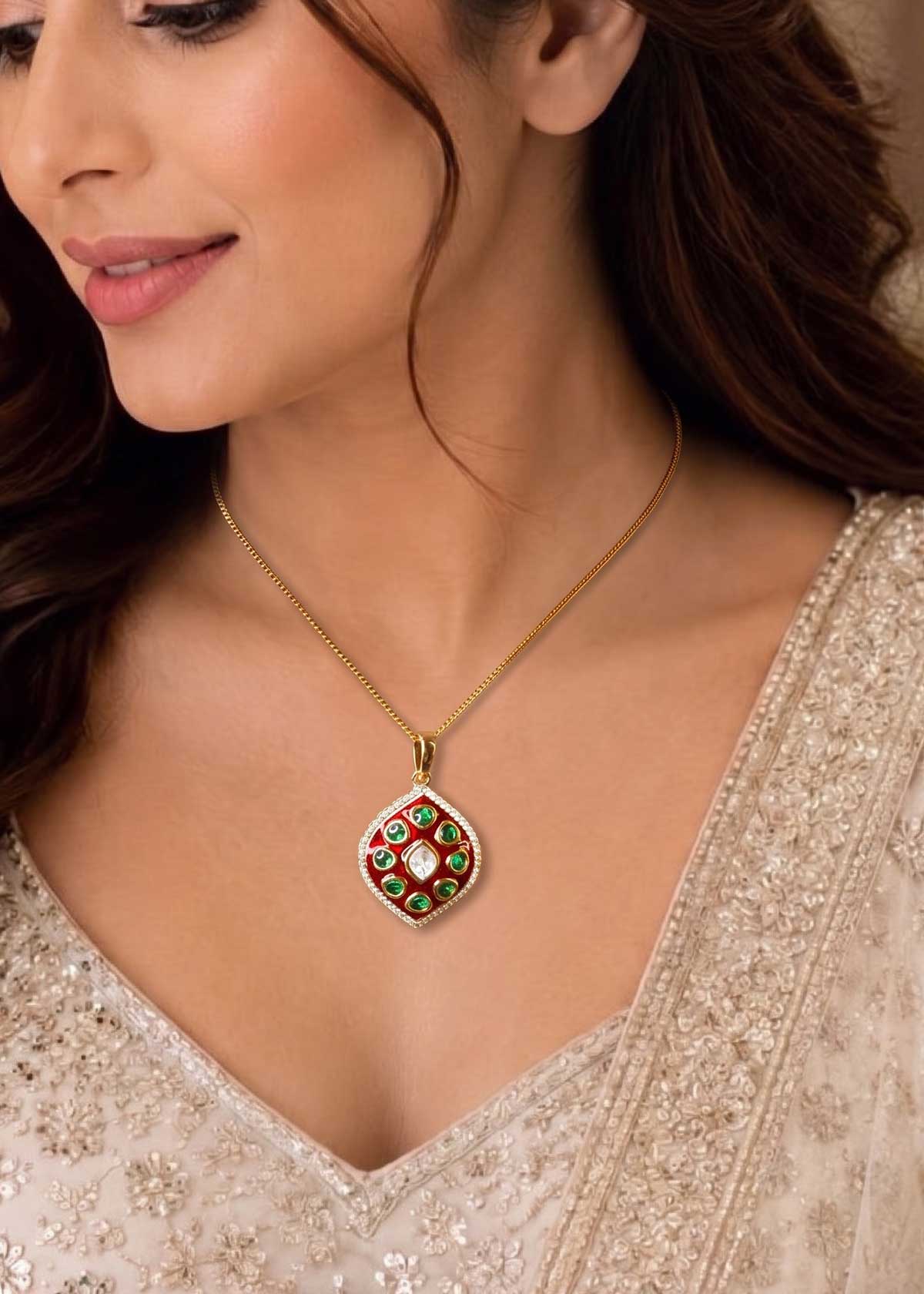 Rajasthani Meenakari With Cubic Zircon & Kundan Large Pendant Set For Women
